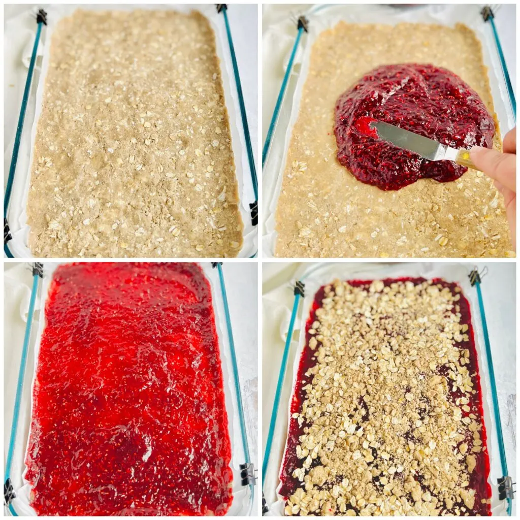 A collage of 4 pics. The first one has a 9x13-inch baking dish with an oatmeal crumble in the bottom, The second one has a glob of raspberry preserves in the middle. The 3rd picture has raspberry preserves spread all over it and the last picture has another layer of oatmeal crumble.