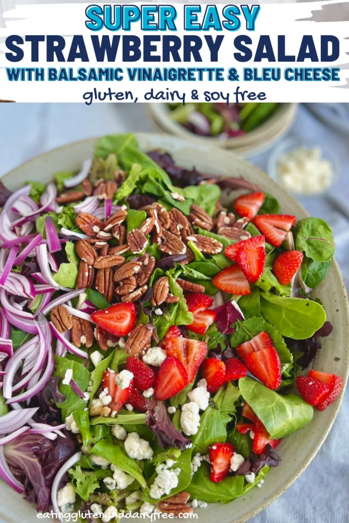 A large bowl heaping with green and purple salad mix, sliced bright red strawberries, brown pecans, thin slices of red onions, and white crumbles of dairy free bleu cheese.