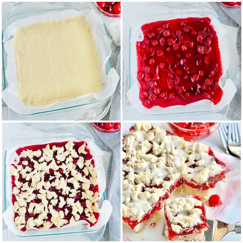 A collage of 4 square pictures showing the progression of this recipe. The first picture shows a white shortbread crust pressed into a 9x9 baking dish. The second picture is of cherry pie filling over the top of the shortbread. The 3rd picture is of small clumps of shortbread over the top of the cherry pie filling. The last picture is after the mixture has backed and cooled with a powdered sugar glaze zig zagged over the top and cut into small serving squares. 