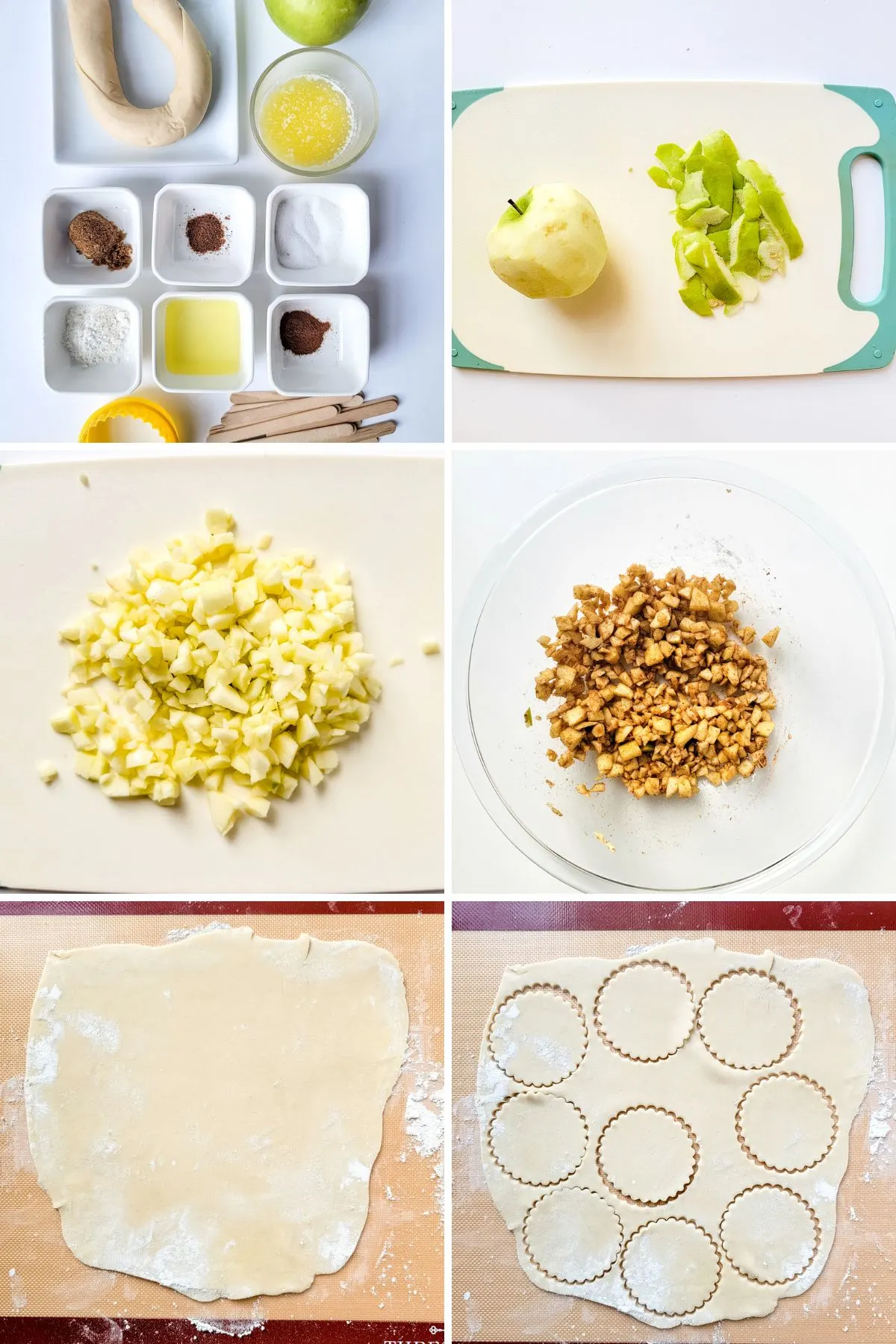 Collage images of how to make apple pie pops.