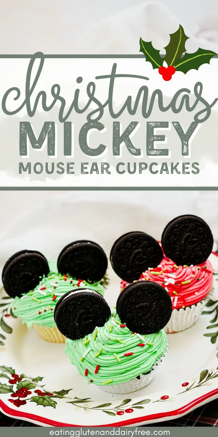 Mickey Mouse Ears Christmas Cupcakes on a plate with text overlay.