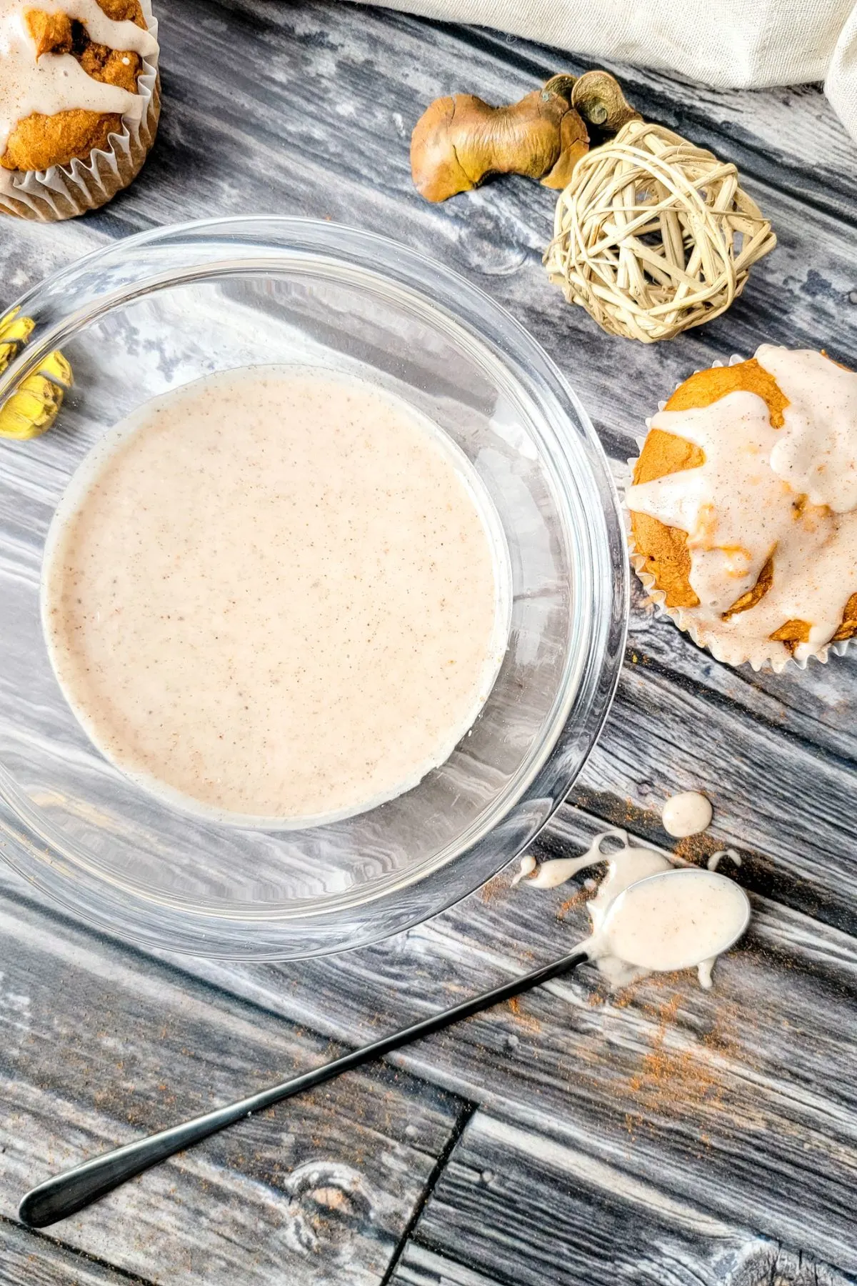 Cinnamon Sugar Glaze using dairy free ingredients in a mixing bowl.