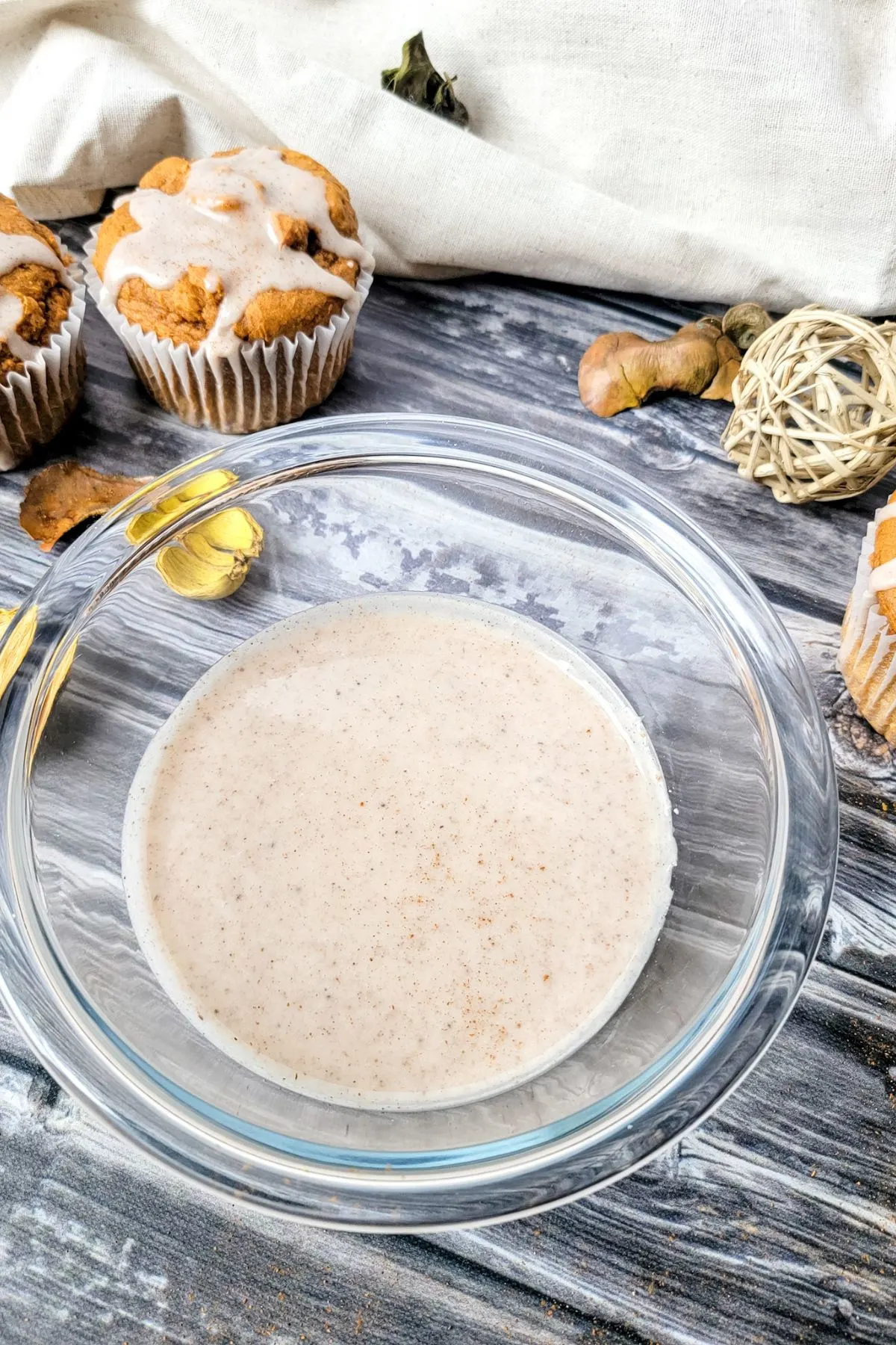 Bowl of sugar and cinnamon glaze dairy free.