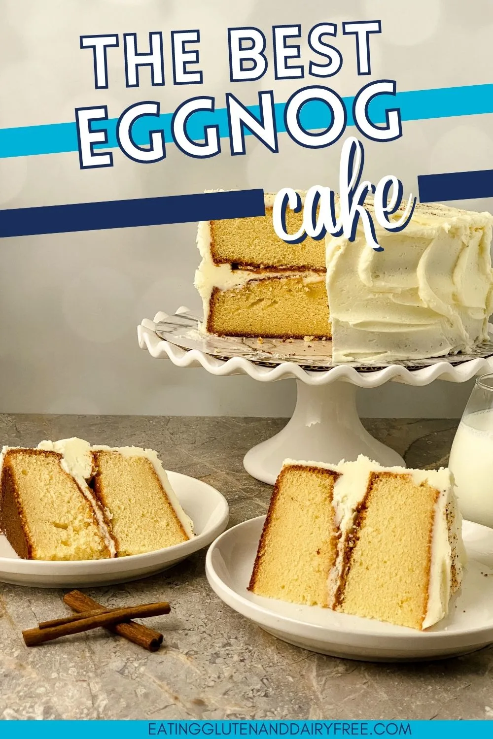 Eggnog cake with text overlay.