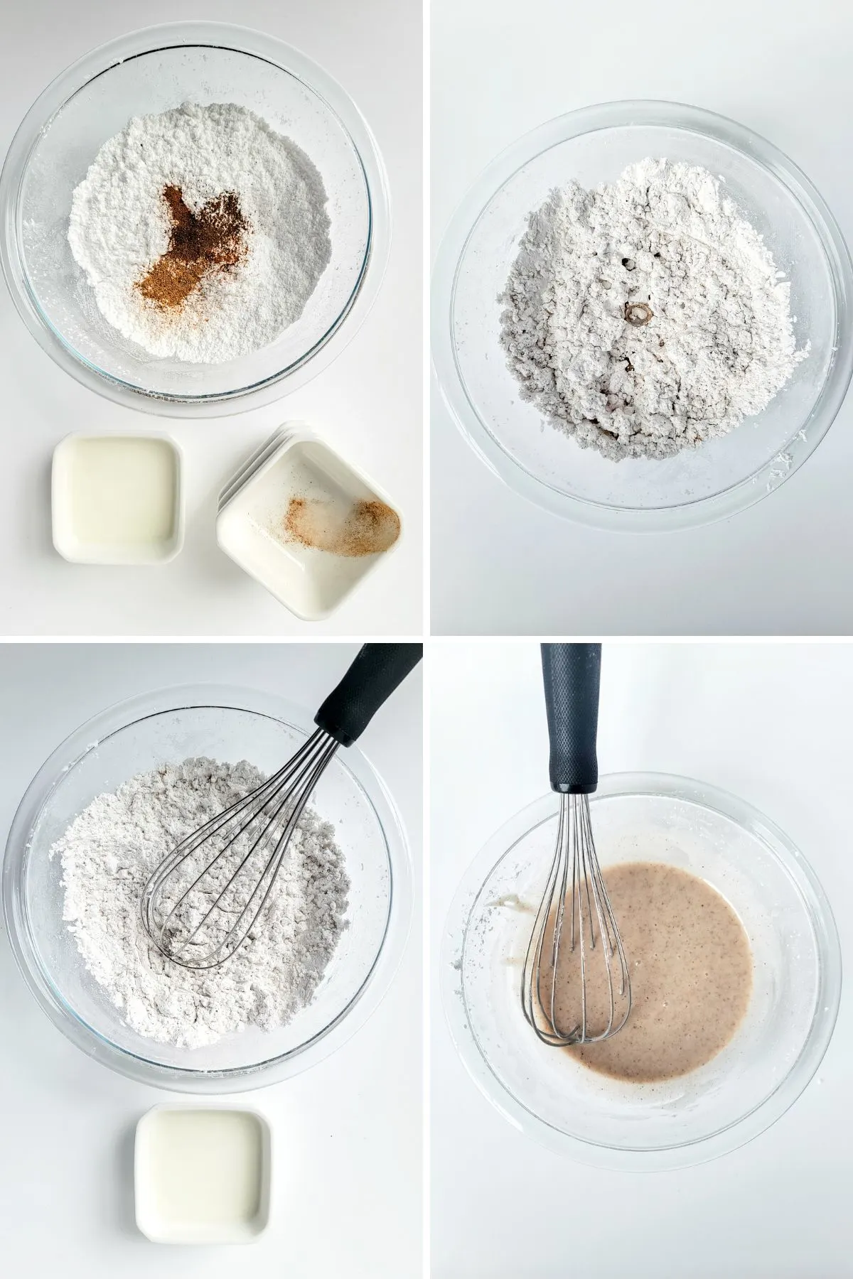 Collages of images showing how to make cinnamon sugar glaze.