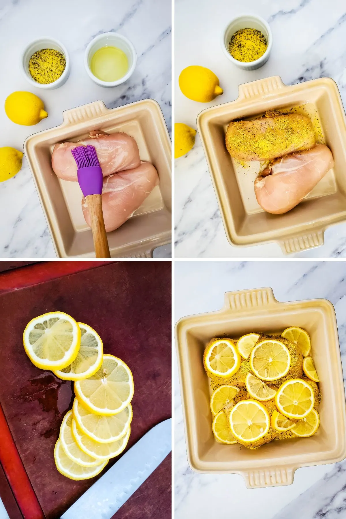 In process collage of images on how to make Lemon Pepper Chicken.