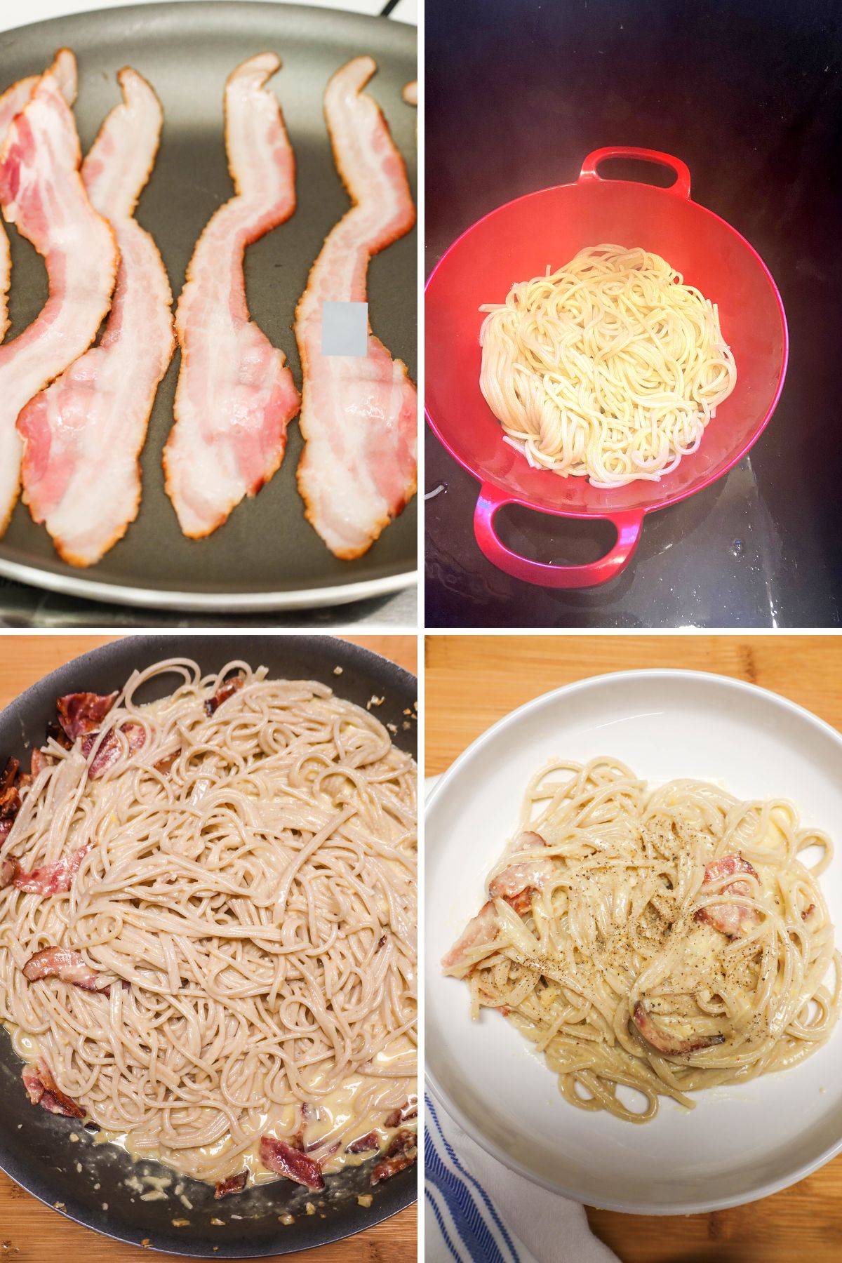 Step by step collage of images of how to make gluten free pasta carbonara. 