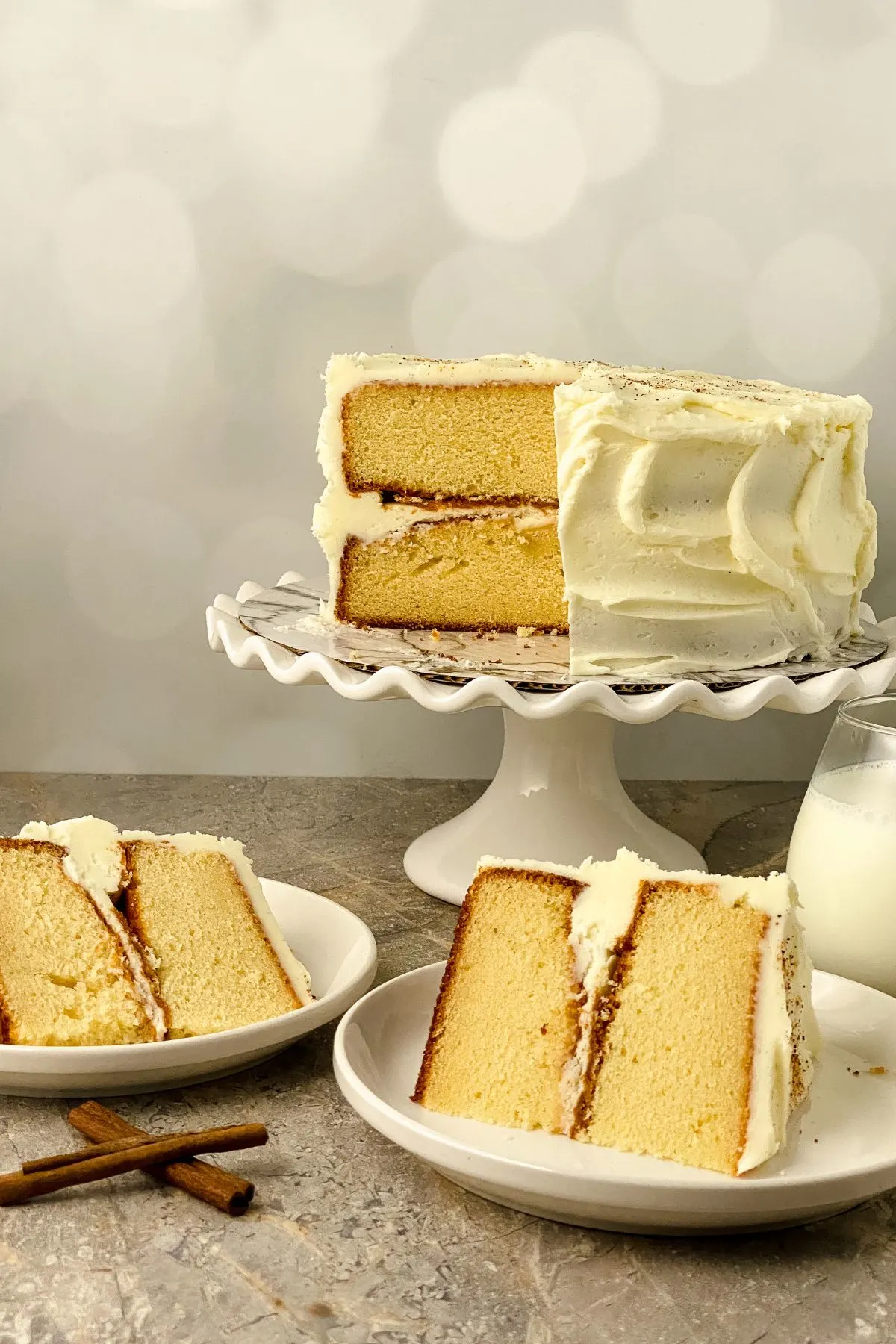 Three pieces of gluten free eggnog cake.