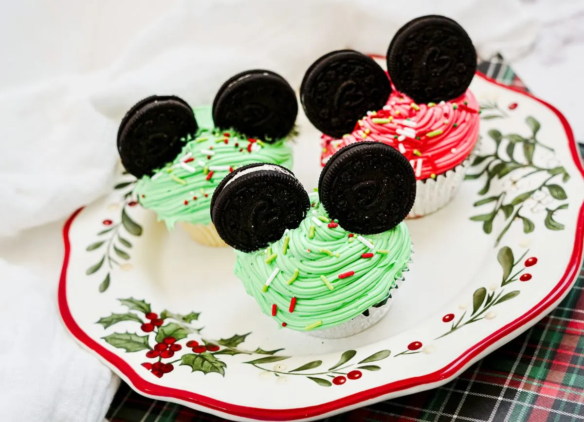 Angled plate of Mickey Mouse Cupcakes. 