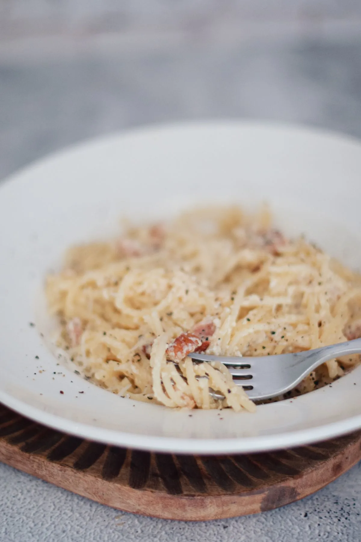 Bowl of Spaghetti Carbonara with gluten free pasta.