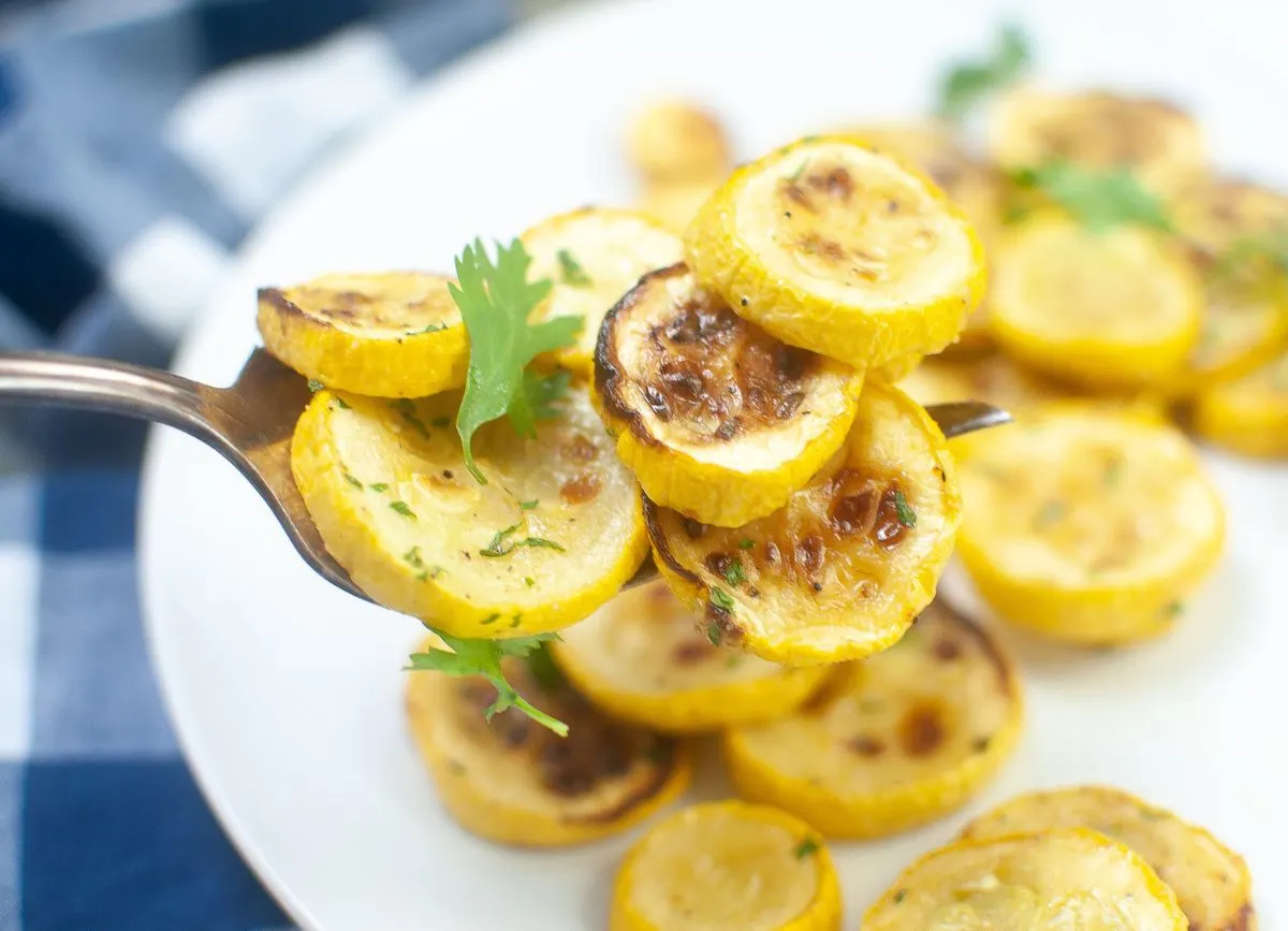 Bite shot of Air Fryer Squash on a fork.