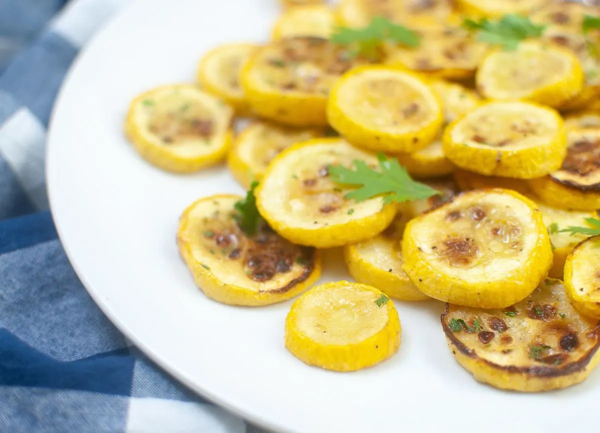 Close up of a plate of Squash in the air fryer.