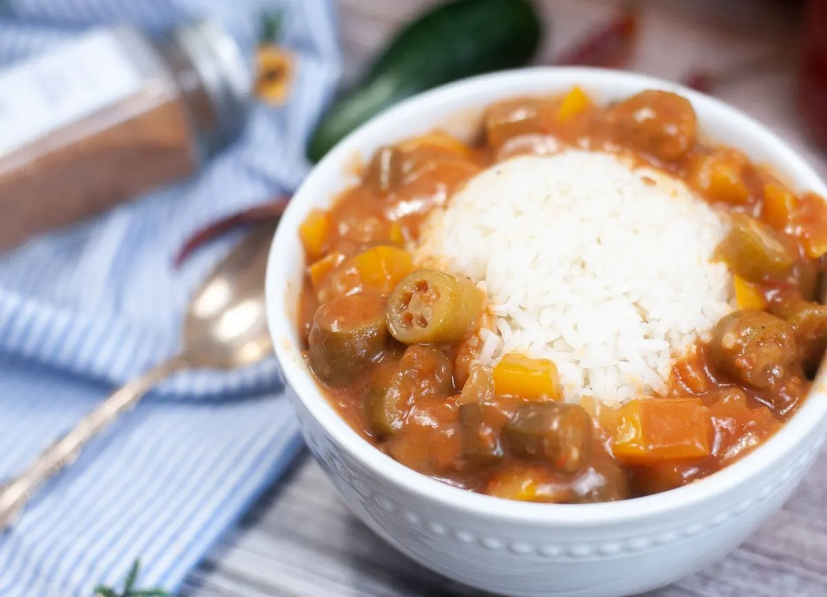 Closer up on a bowl of Instant Pot Gumbo with dairy free ingredients.