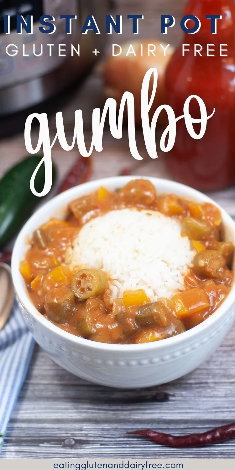 Bowl of vegetarian gumbo from the Instant Pot with text overlay.