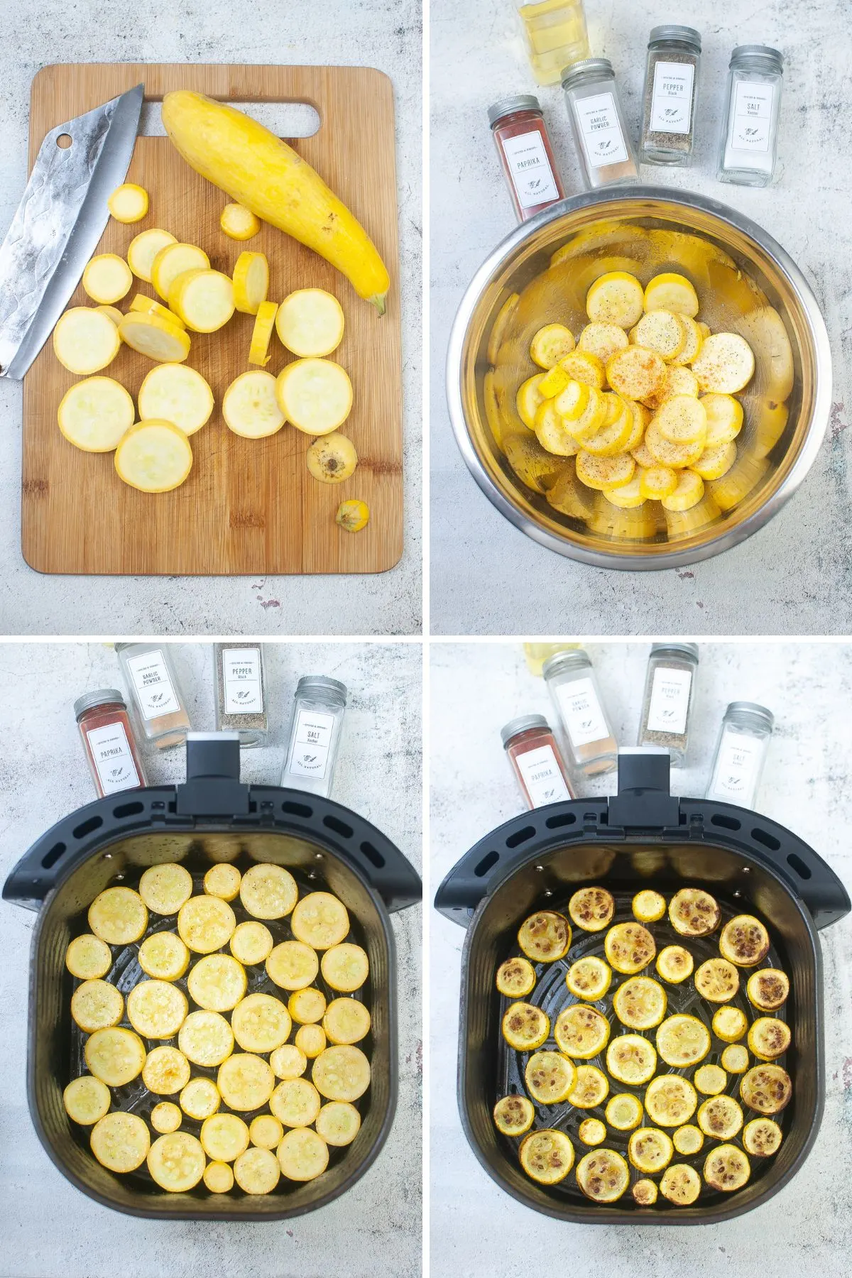 In process collage of images on how to make yellow squash in the Air Fryer.