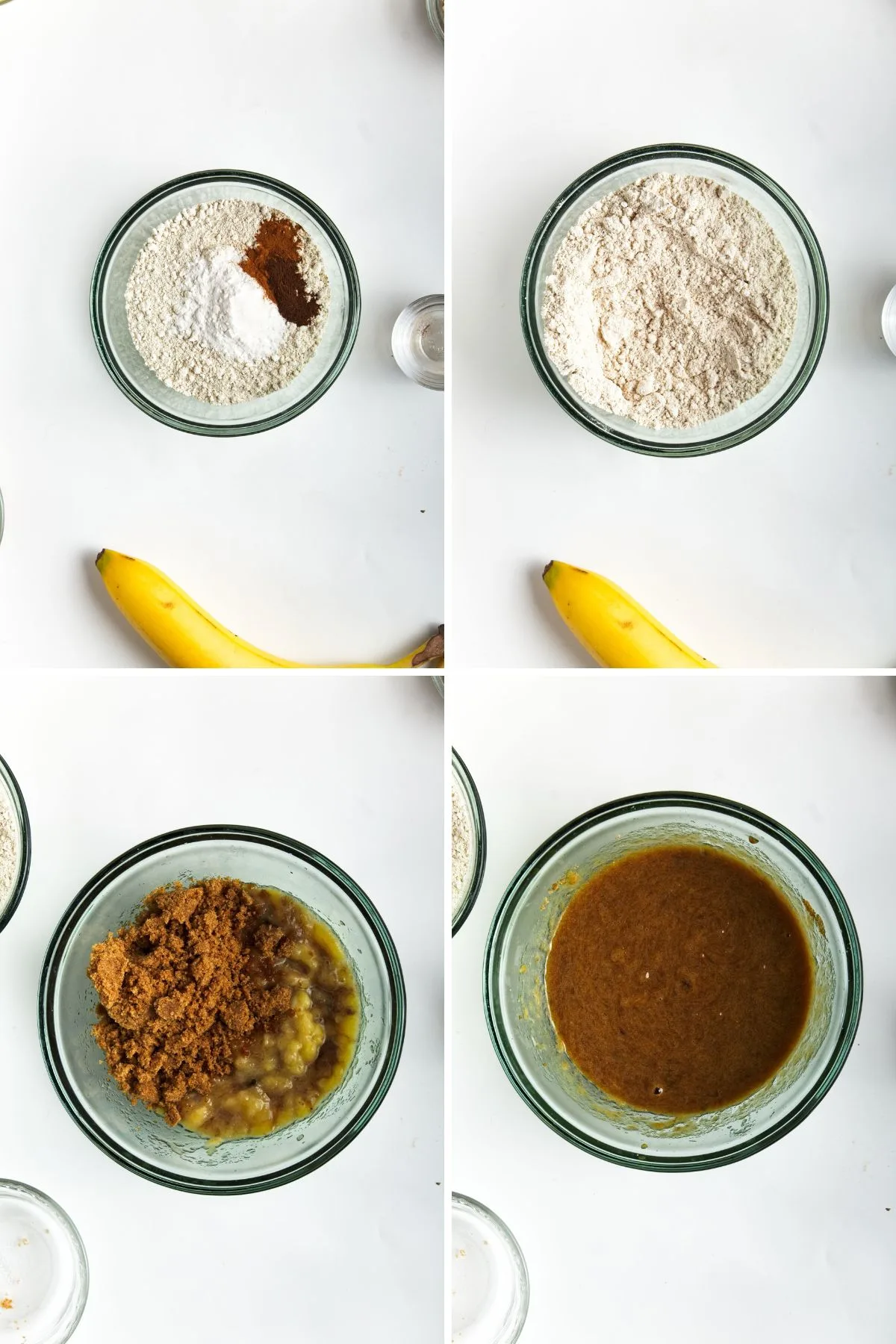 The first four images in a collage showing how to make homemade dairy free and gluten free banana oat muffins.