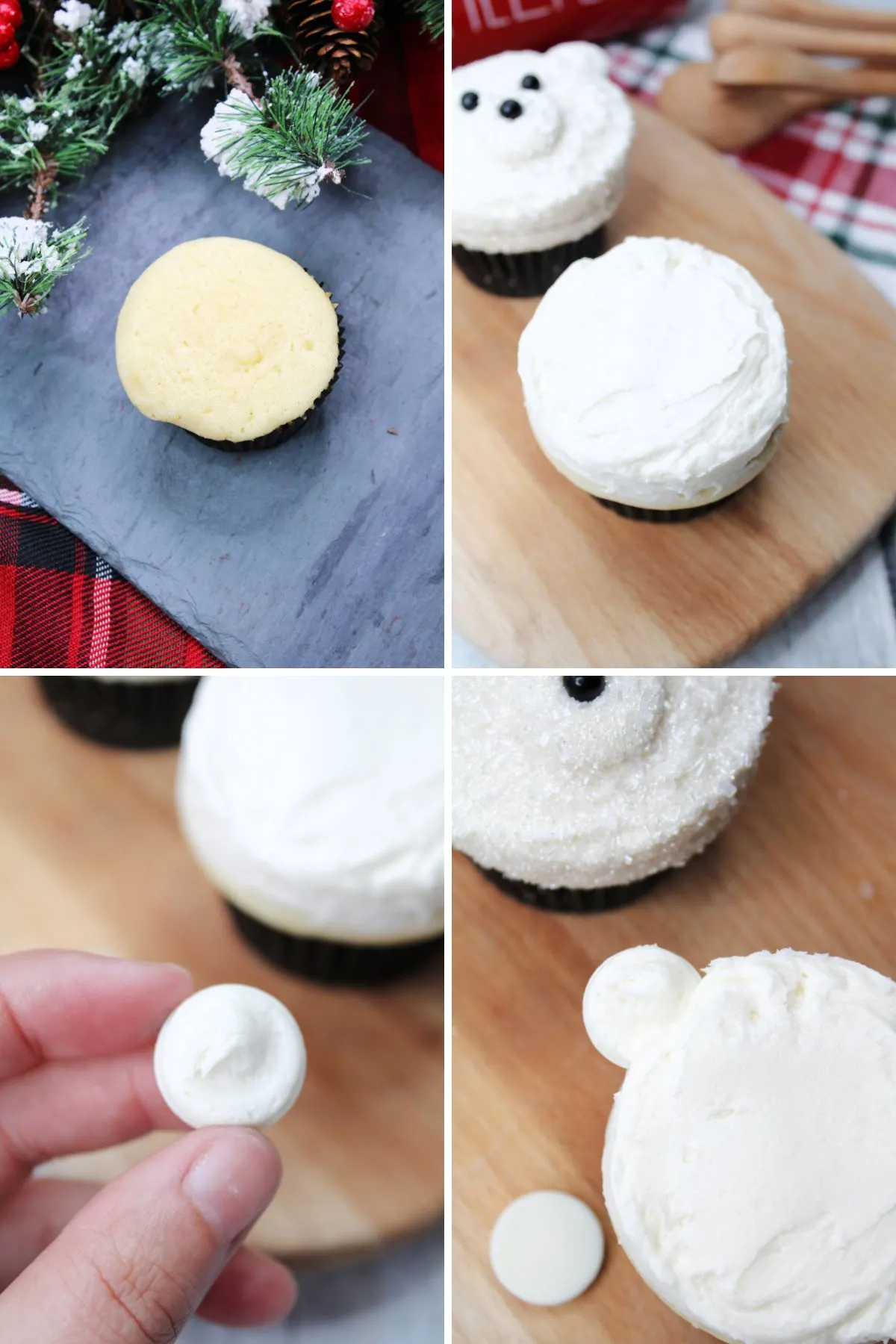 A collage of images showing the first few steps on how to make homemade polar bear cakes.