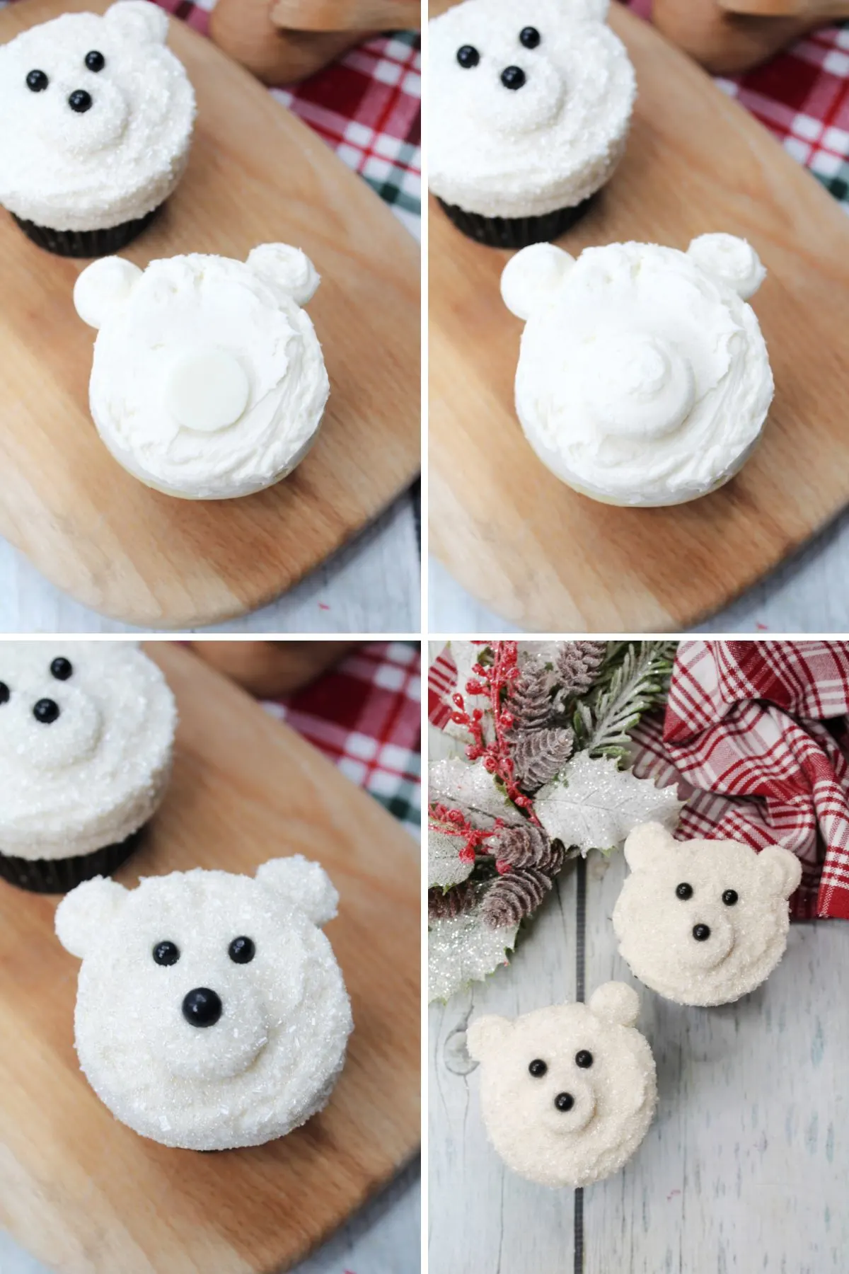 A collage of images showing the last couple steps of how to make homemade polar bear cupcakes.