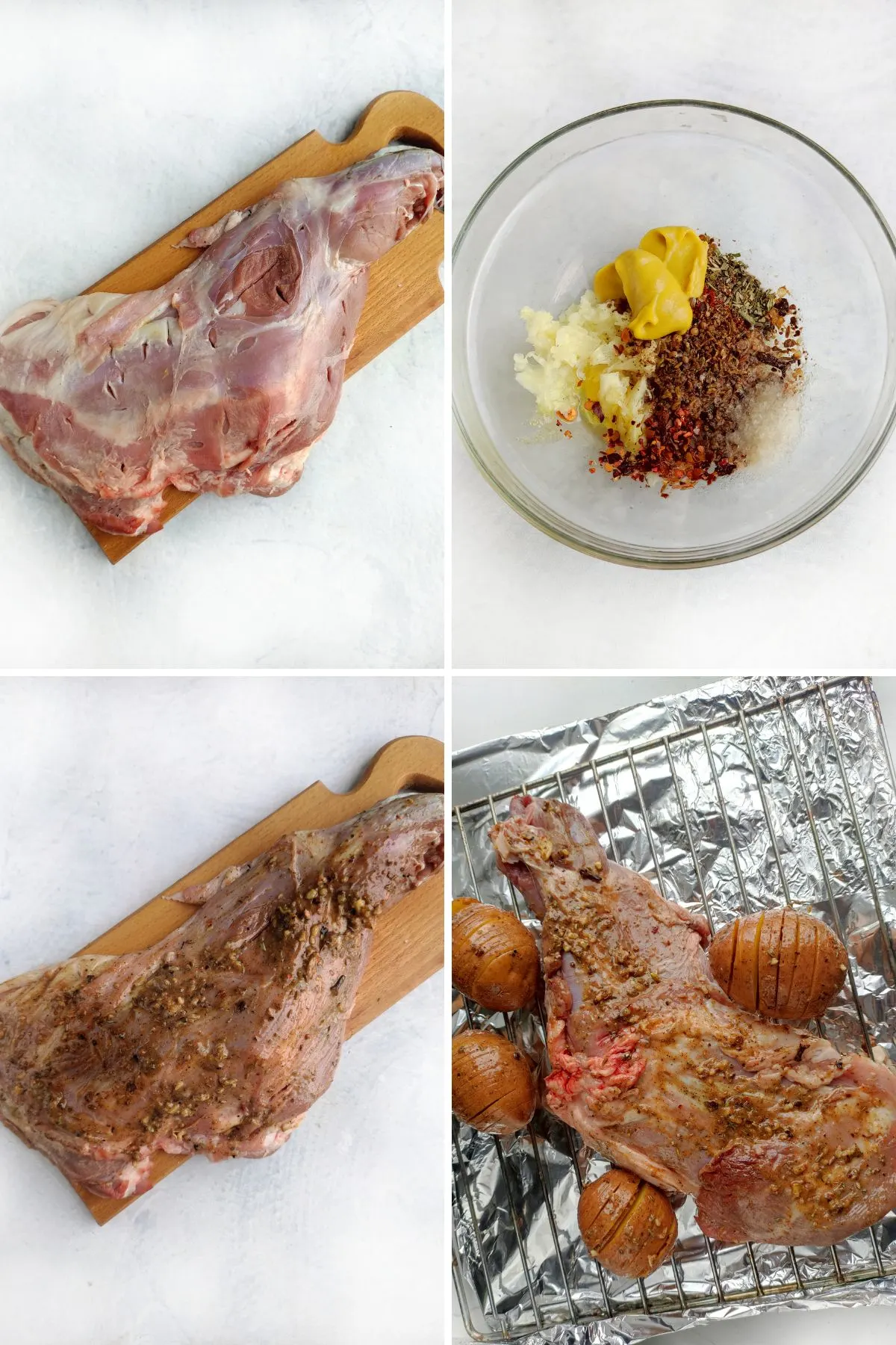 In process collage of images on how to make a roasted leg of lamb.