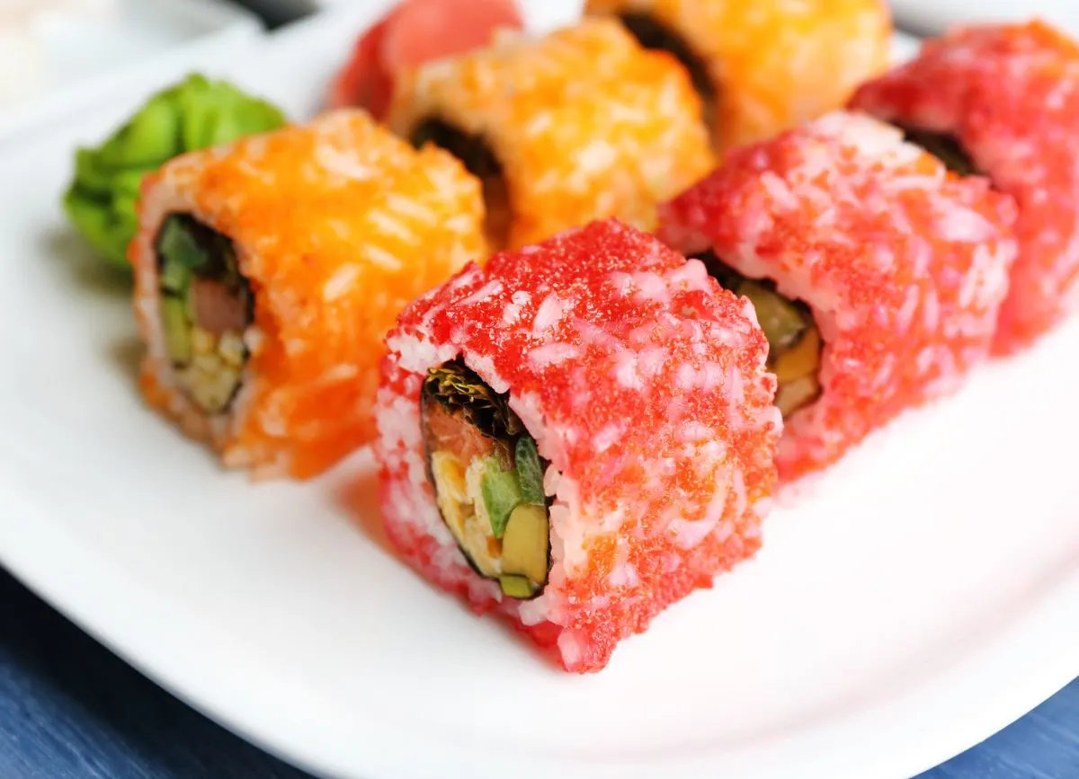 Sushi covered with tobiko.