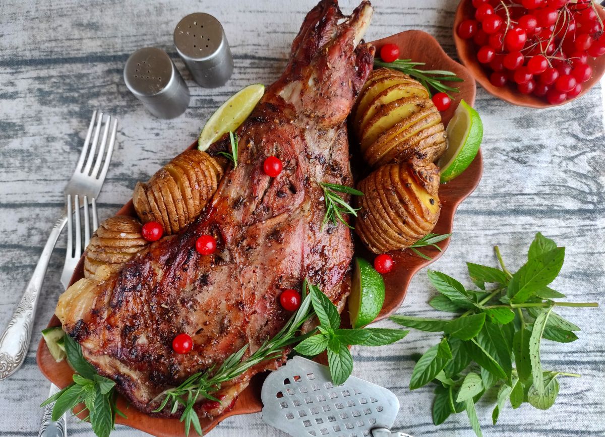 Looking down on a roasted bone in lamb leg.