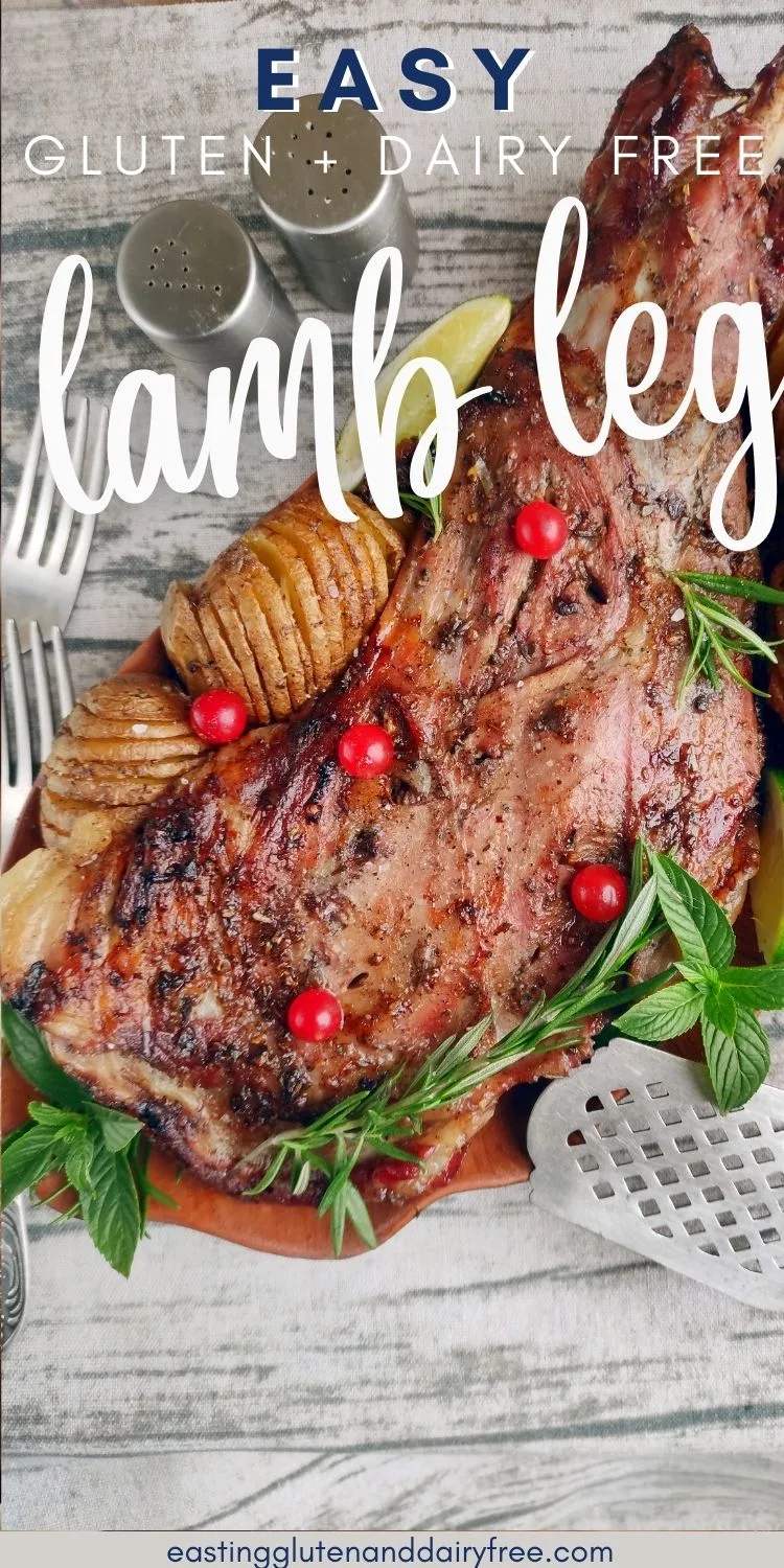 A board with a roasted leg of lamb and potatoes with text overlay.