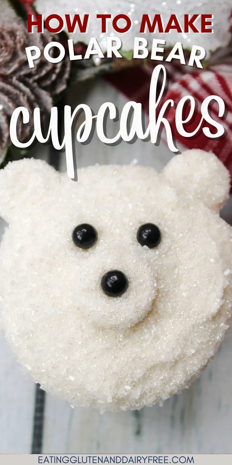 A close-up of a polar bear cupcake with text overlay.