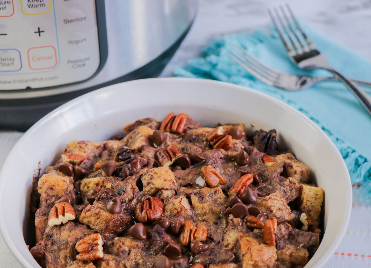 Close up of pecans on top of gluten free Instant Pot Bread pudding.