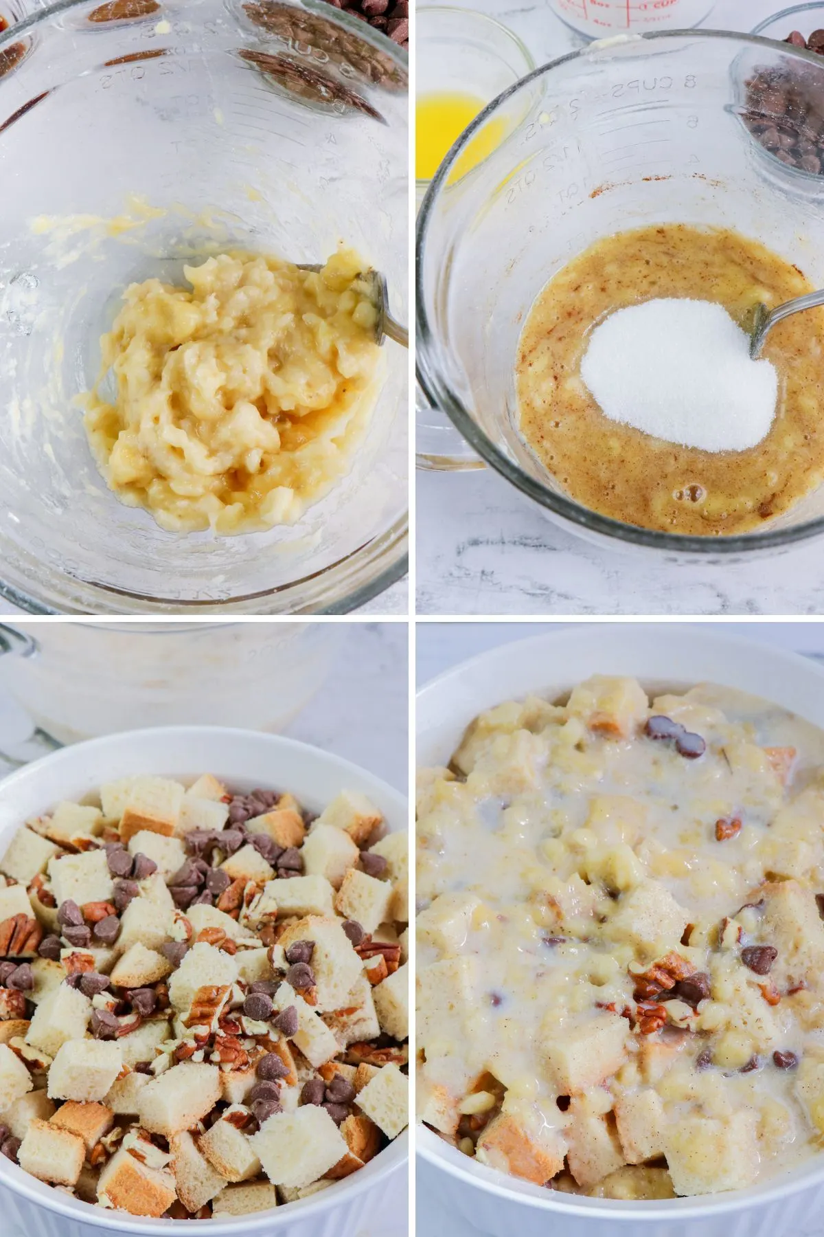 First four steps in a collage of images showing how to make bread pudding.