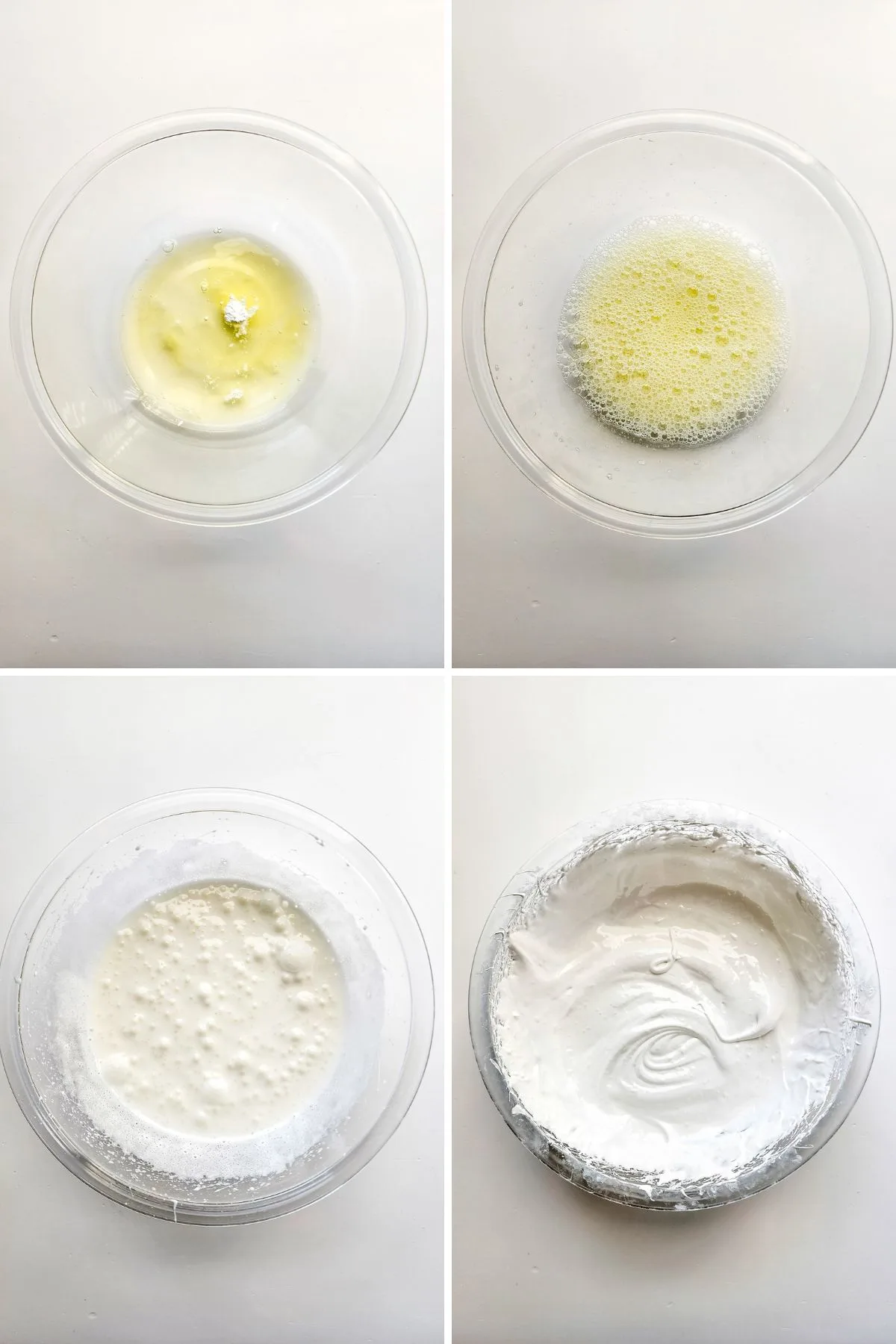 The first four steps in a collage of how to make meringue cookies.