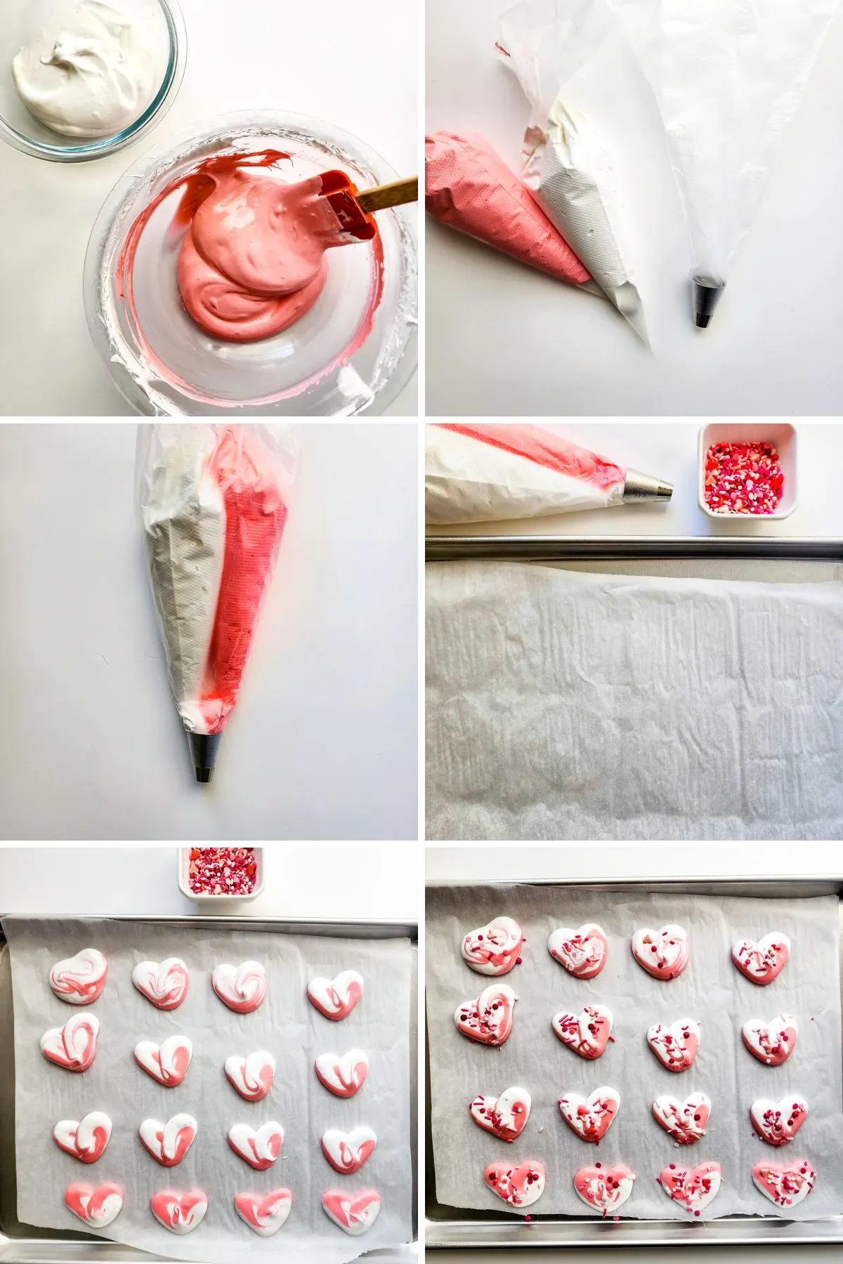 In process collage of images showing how to make meringue cookies.