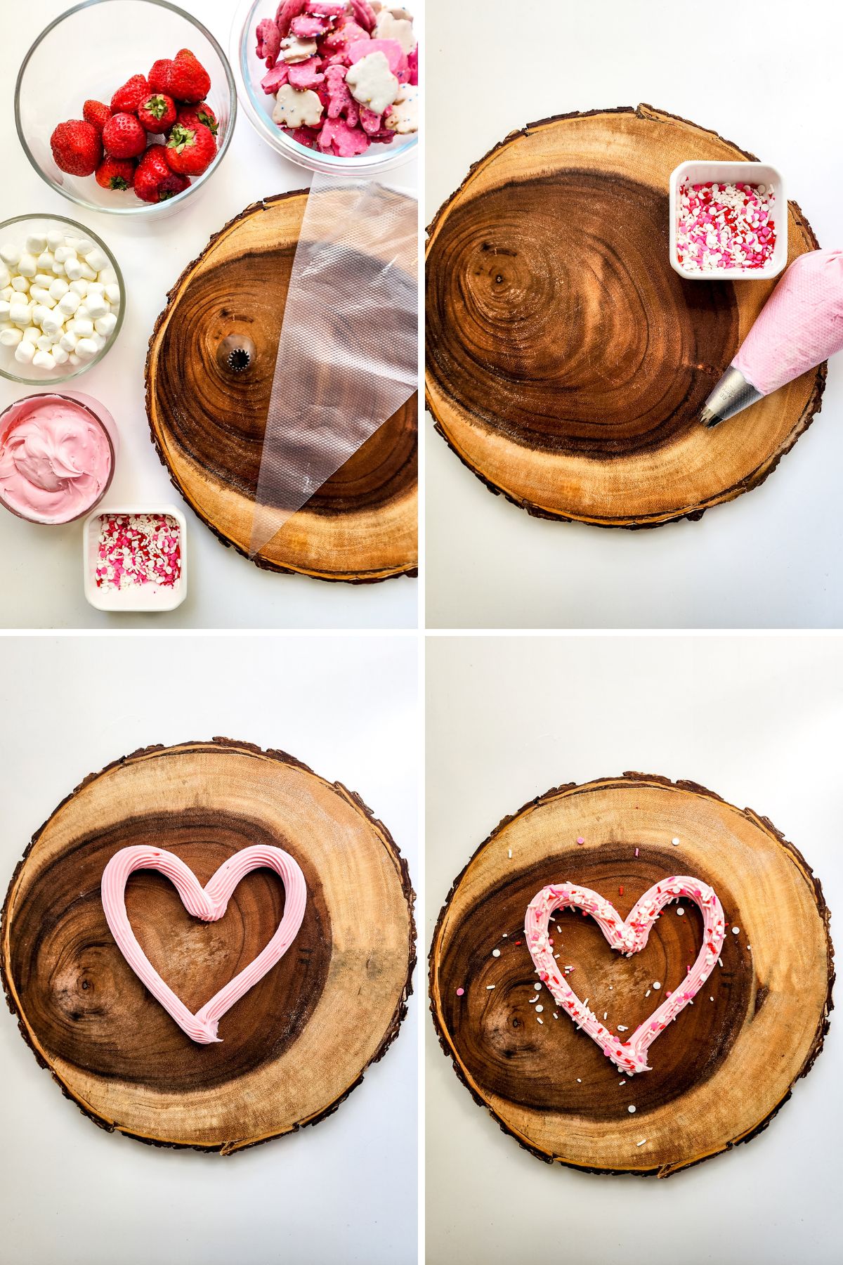 Collage of images showing how to make a heart shaped Valentine's Day dessert boards.