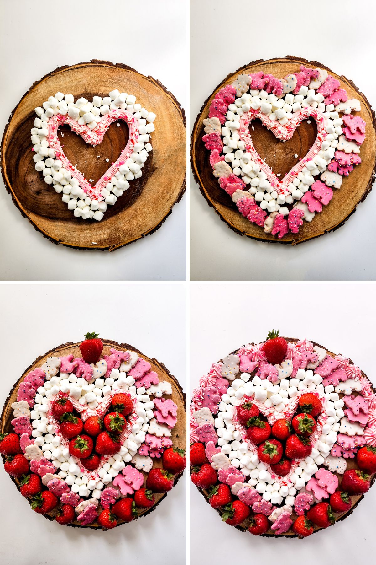 A collage of images showing how to assemble a heart shaped Valentine's Day board.