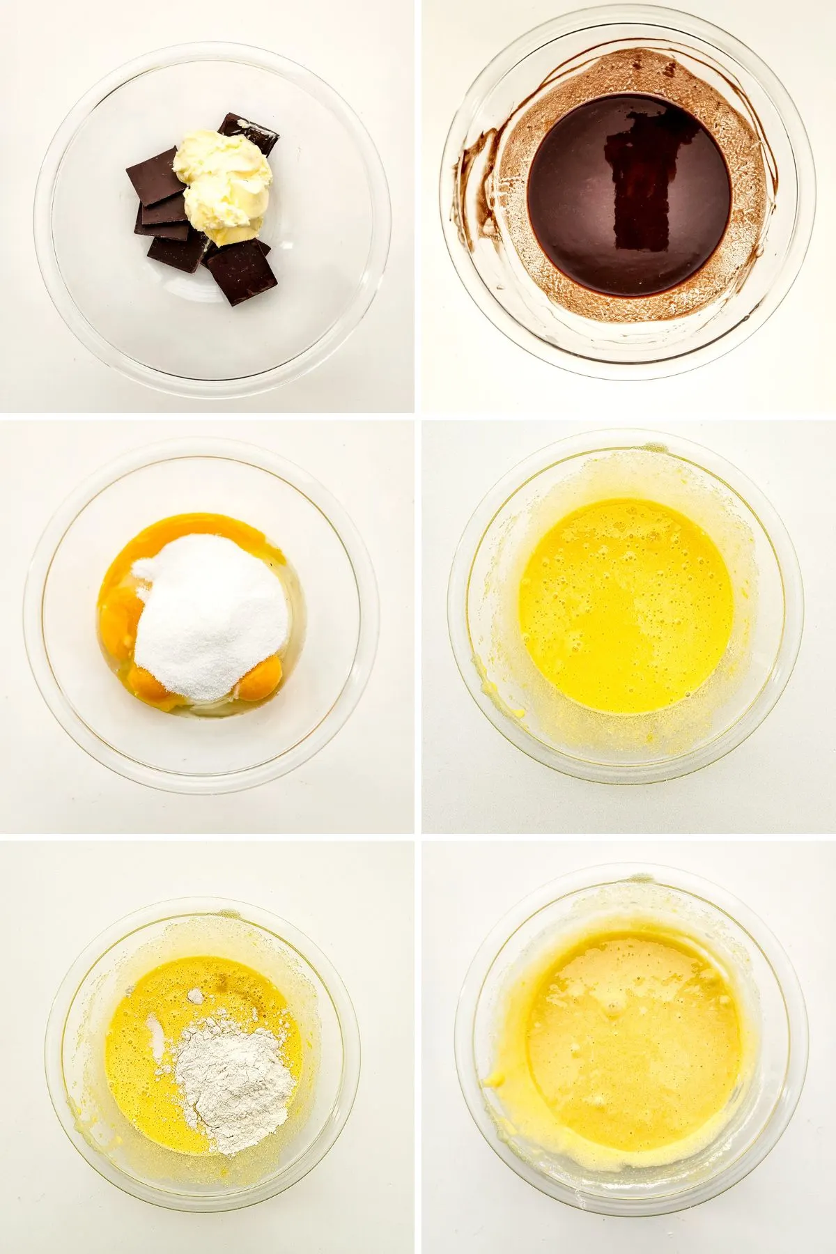 Collage of images showing the first couple steps of how to make a chocolate molten lavacake.