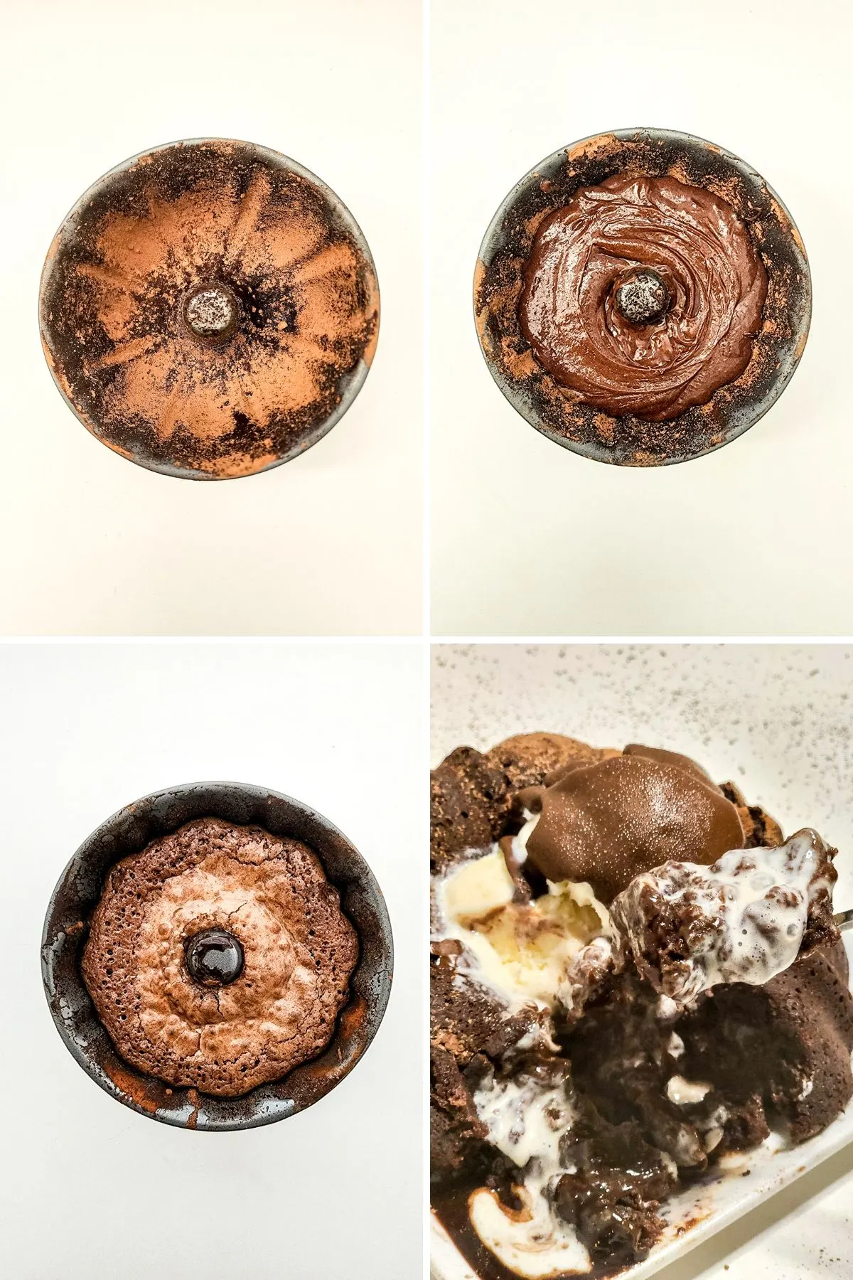 Collage of images showing the last few steps in the process of making a lava cake.