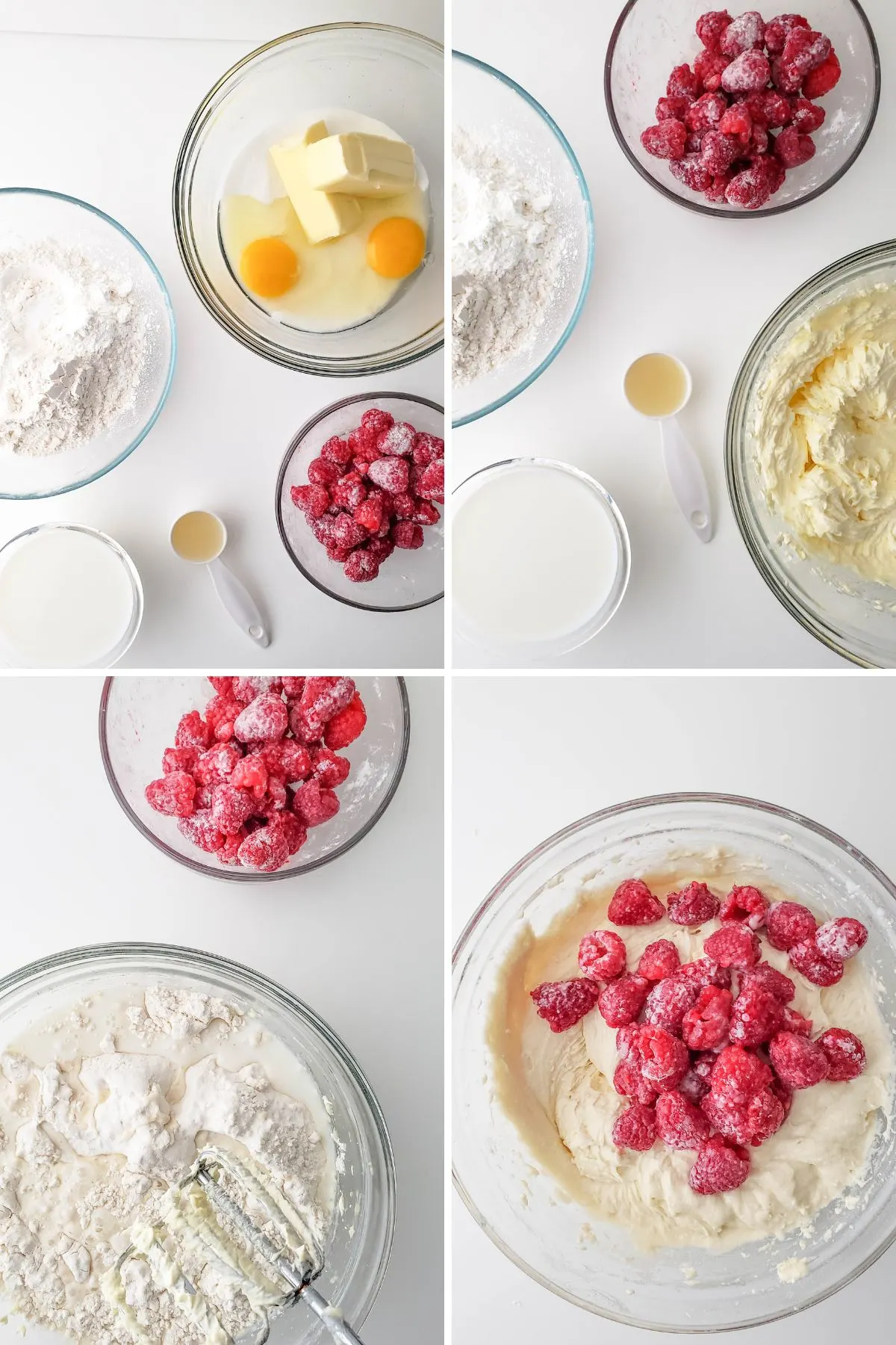 A few images showing how to make a lemon raspberry cake in a collage. 