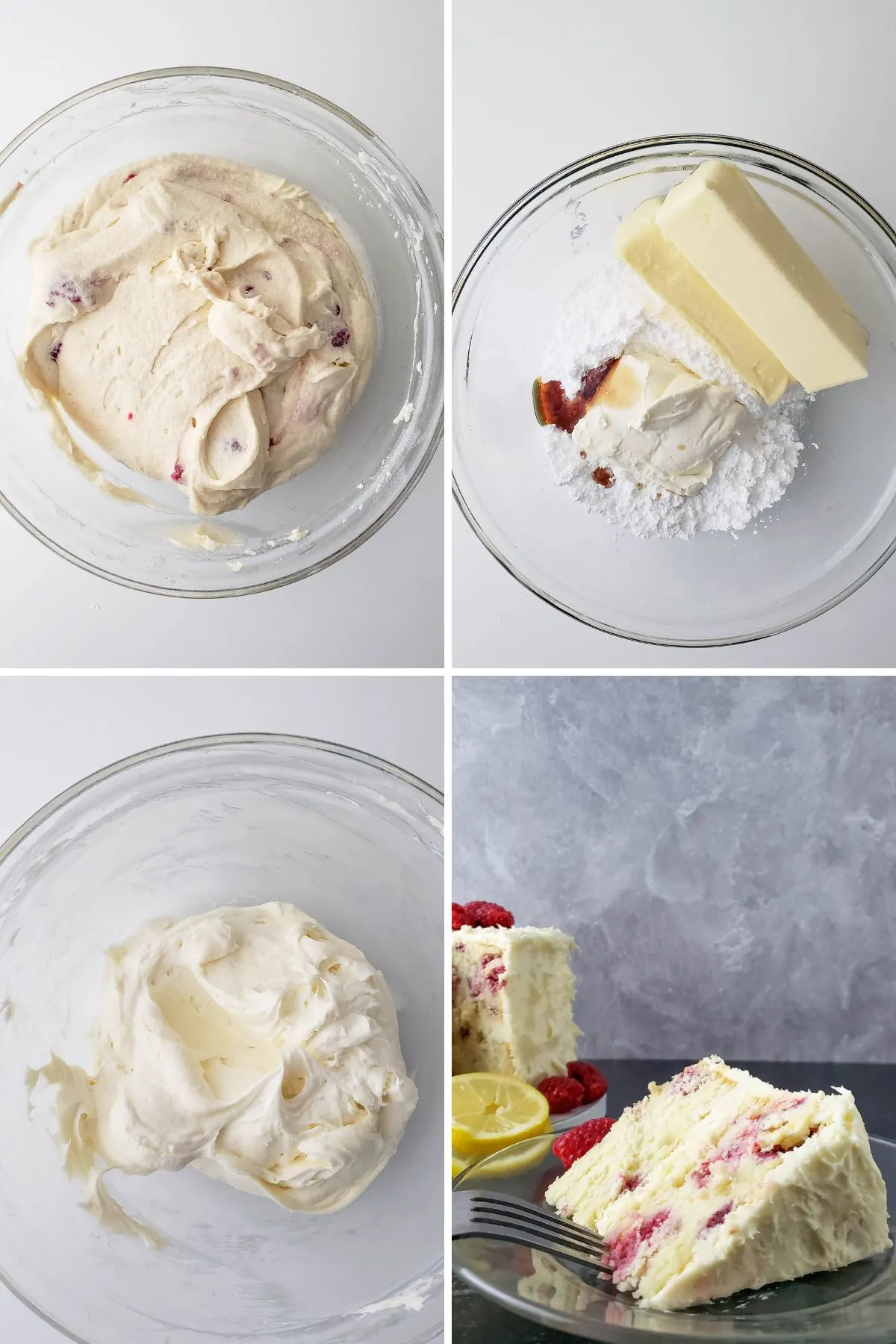 A few images in a collage showing the last few steps of how to make a gluten and dairy free raspberry cake. 