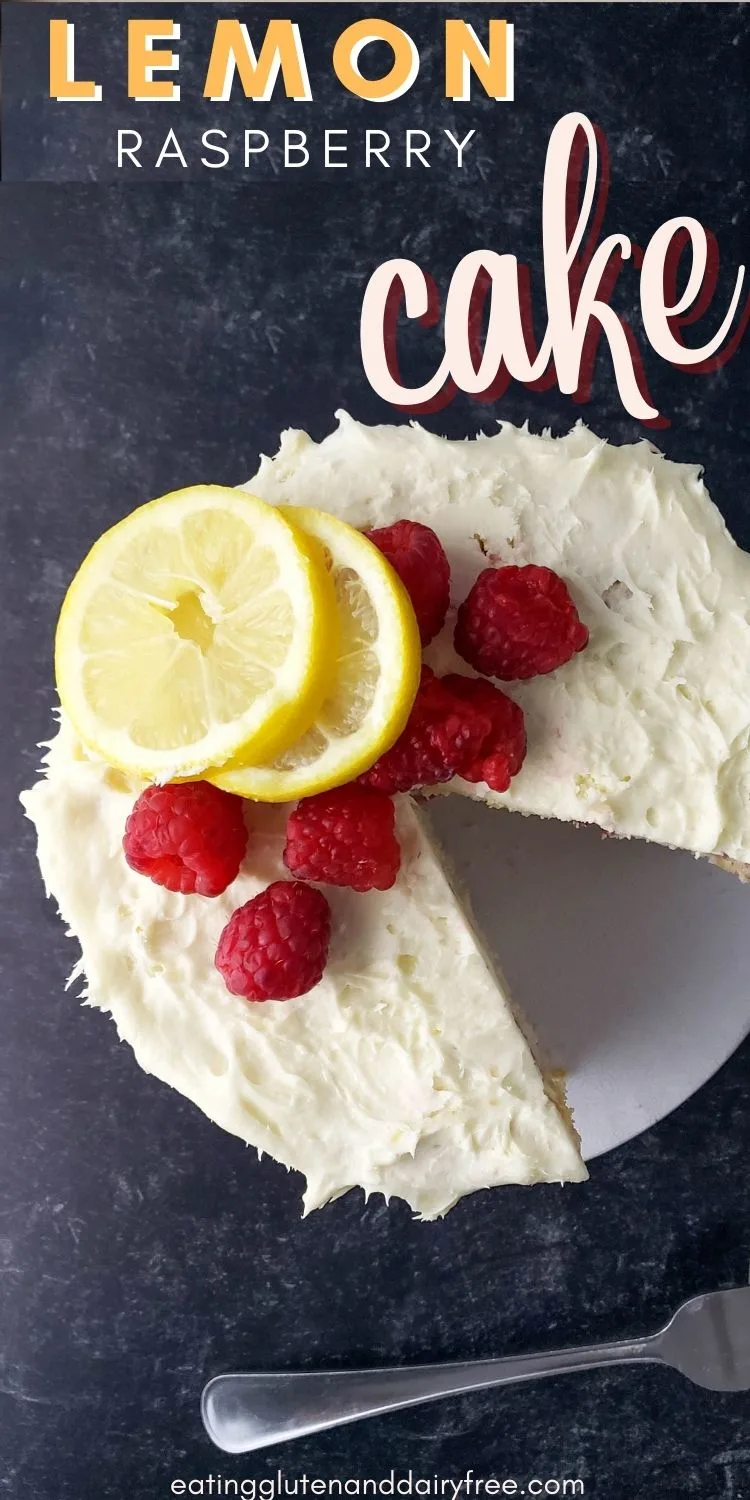 Lemon raspberry cake on a plate with text overlay.
