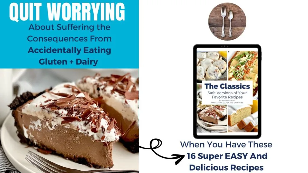 A picture of a dairy free chocolate cream pie slice and text overlay with a picture of a book.