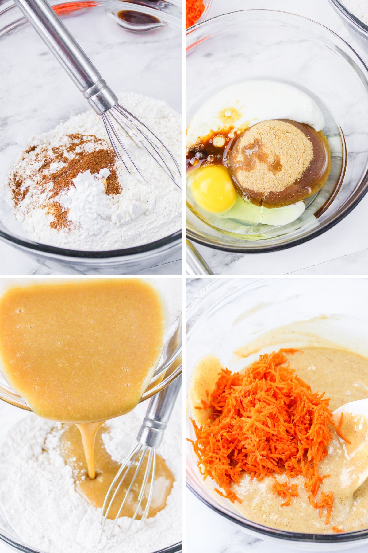 First four steps showing how to make baked carrot cake donuts in a collage.