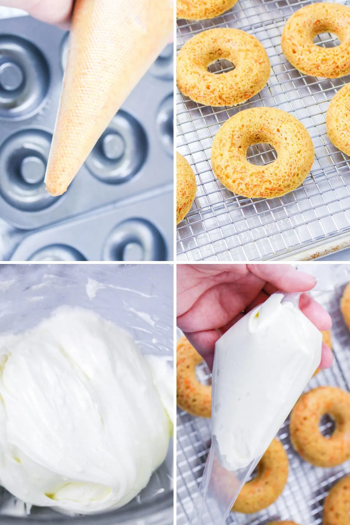 Collage of images showing the next four steps of making Carrot Cake gluten free baked donuts.