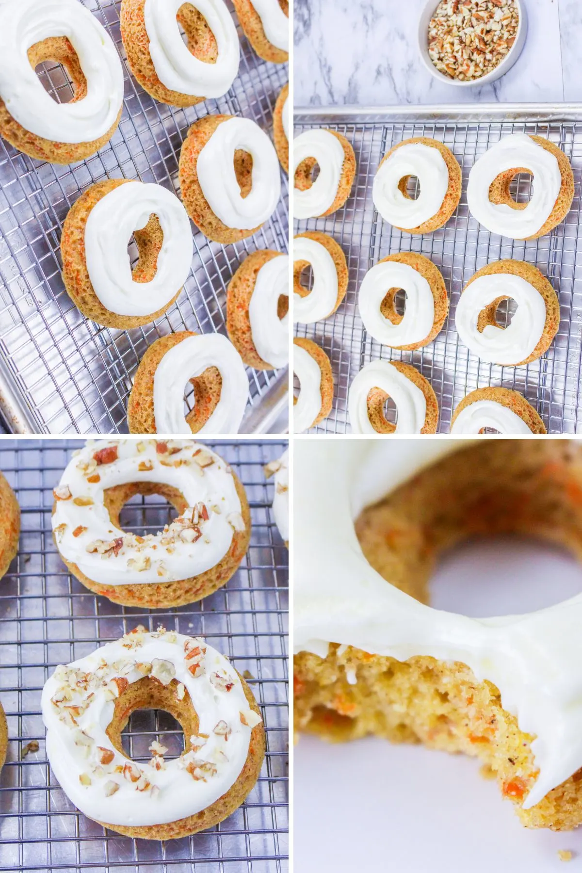 Collage of last few steps of making dairy free baked donuts.