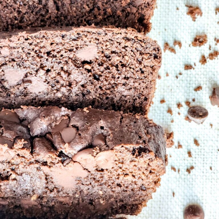 Close up looking at a few slices of chocolate zucchini bread.