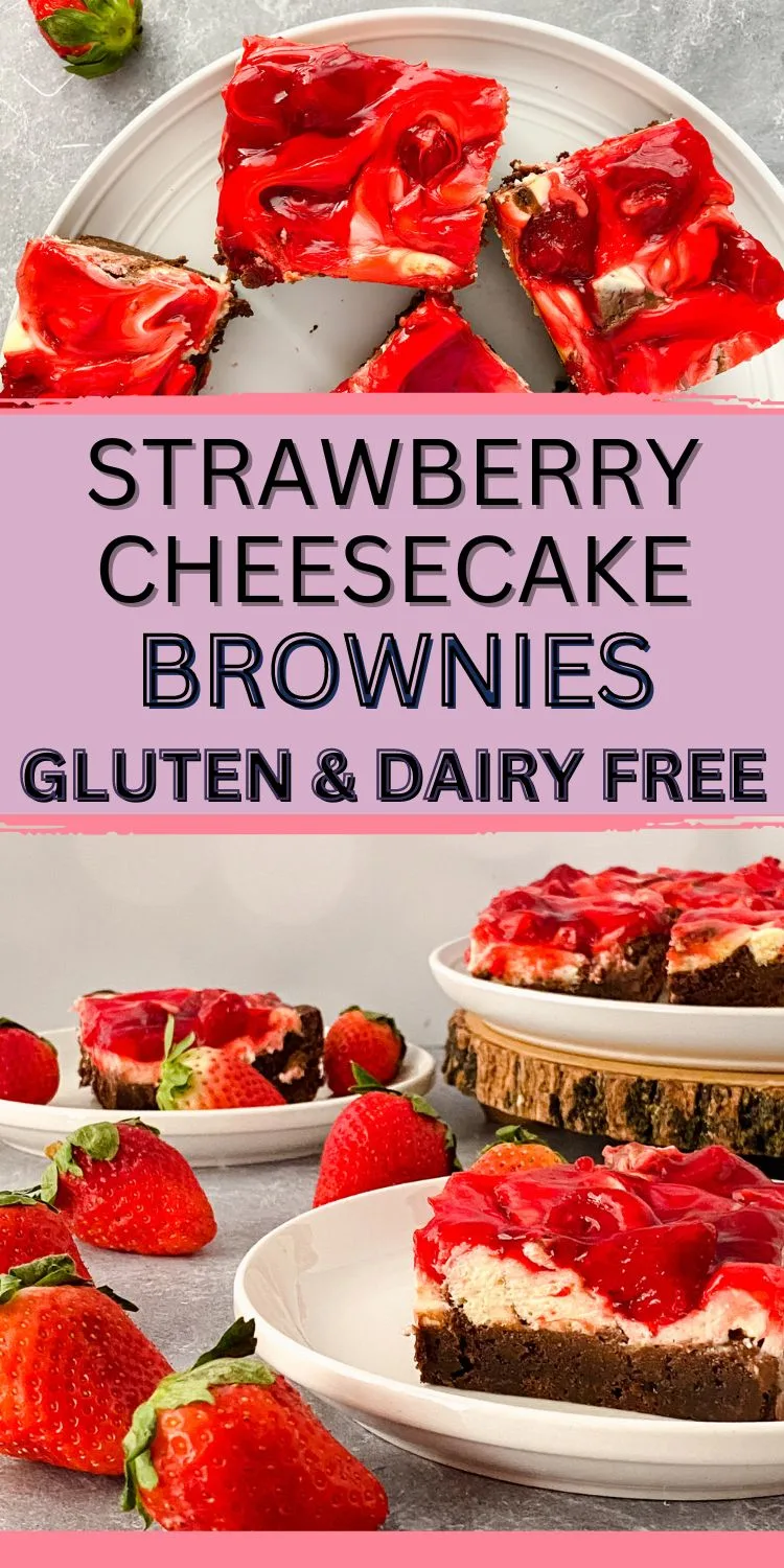 A collage of strawberry cheesecake brownies with text overlay.