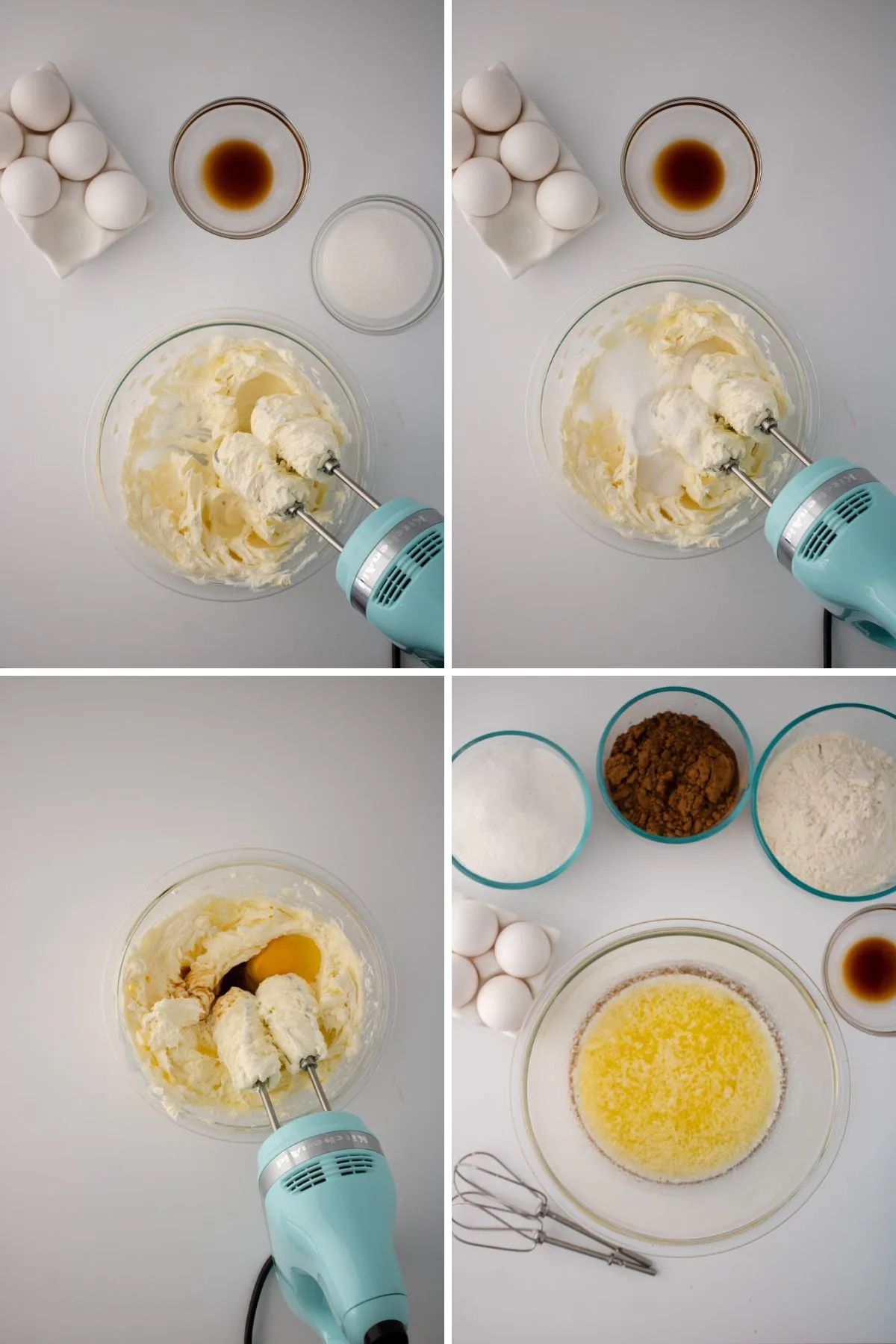 A collage of images showing how to make homemade strawberry cheesecake brwoneis.