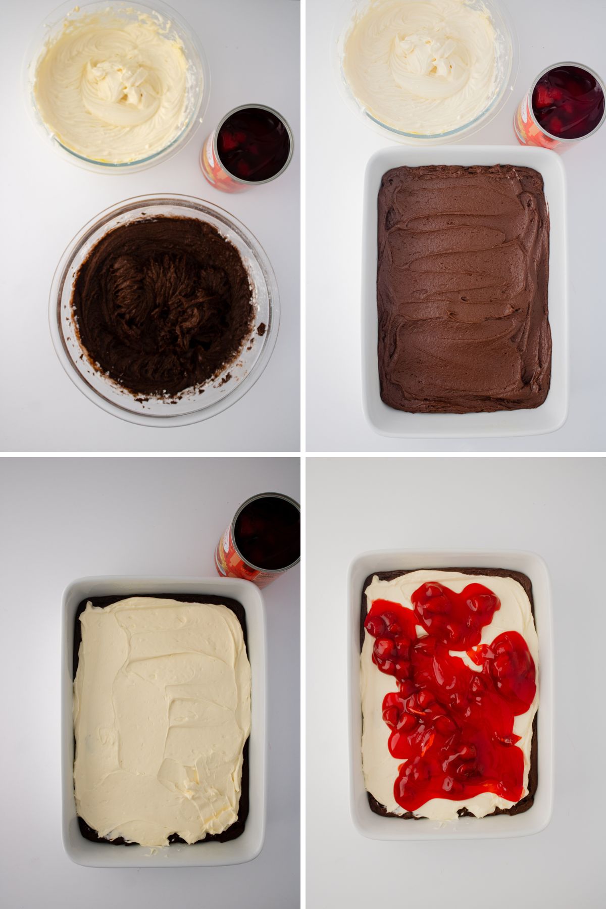 A collage of images showing how to make strawberry cheesecake brownies.