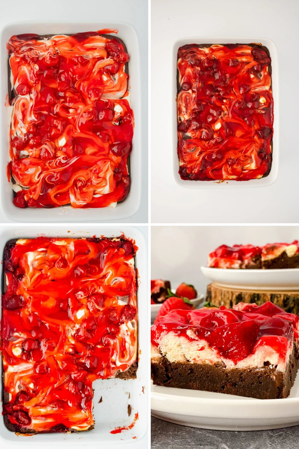 A collage of images showing the last few steps of making homeamade strawberry cheesecake brownies.