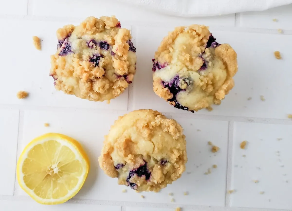 Looking down on dairy free lemon blueberry muffins.