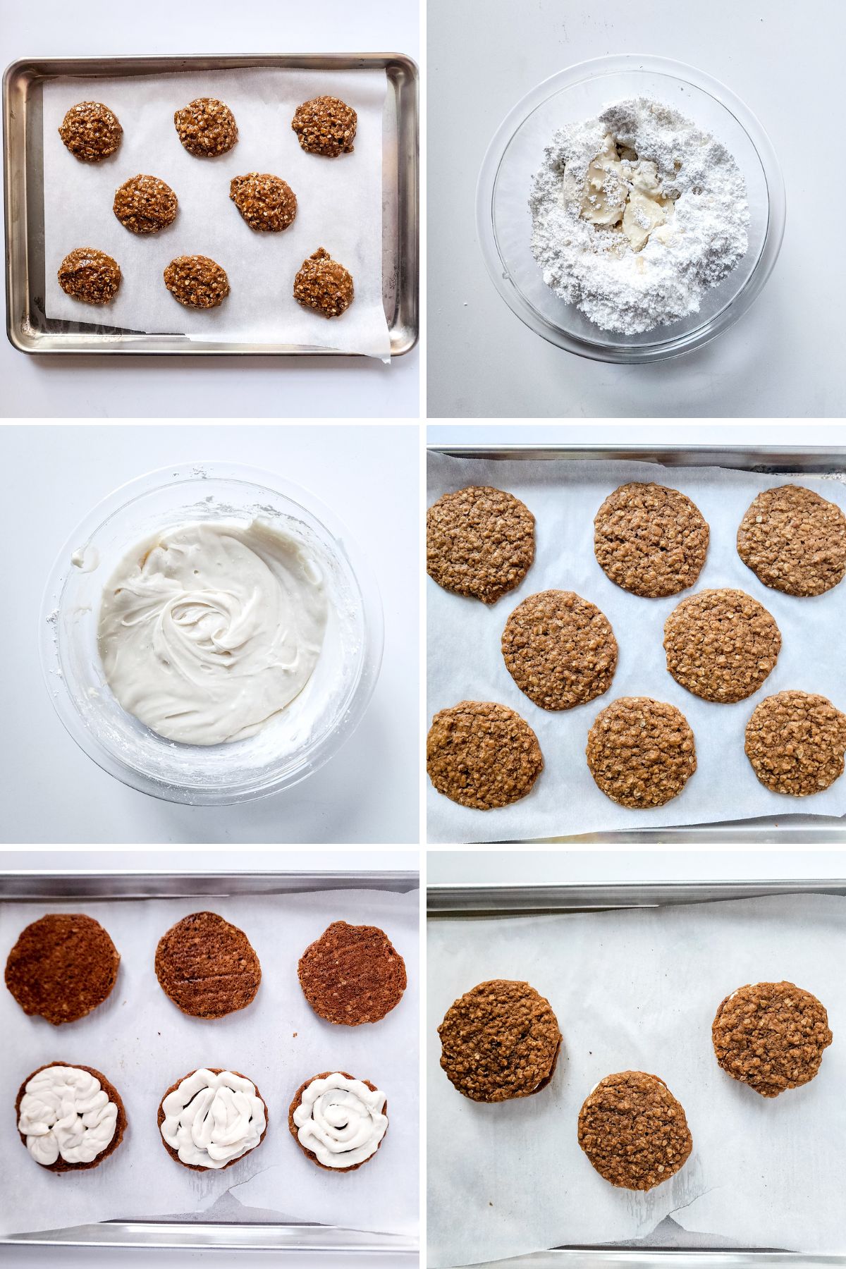 A collage of 6 images showing how to make homemade little Debbies oatmeal cream pies.