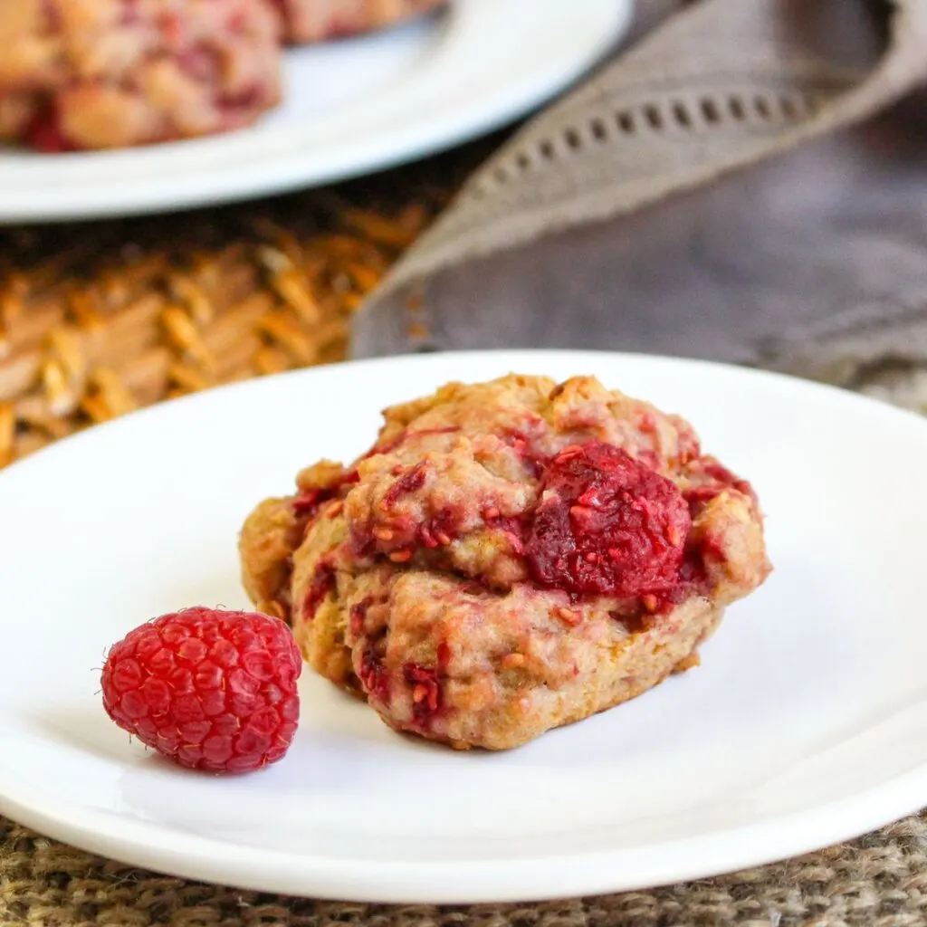 Closely looking at a gluten-free and dairy free raspberry scone.